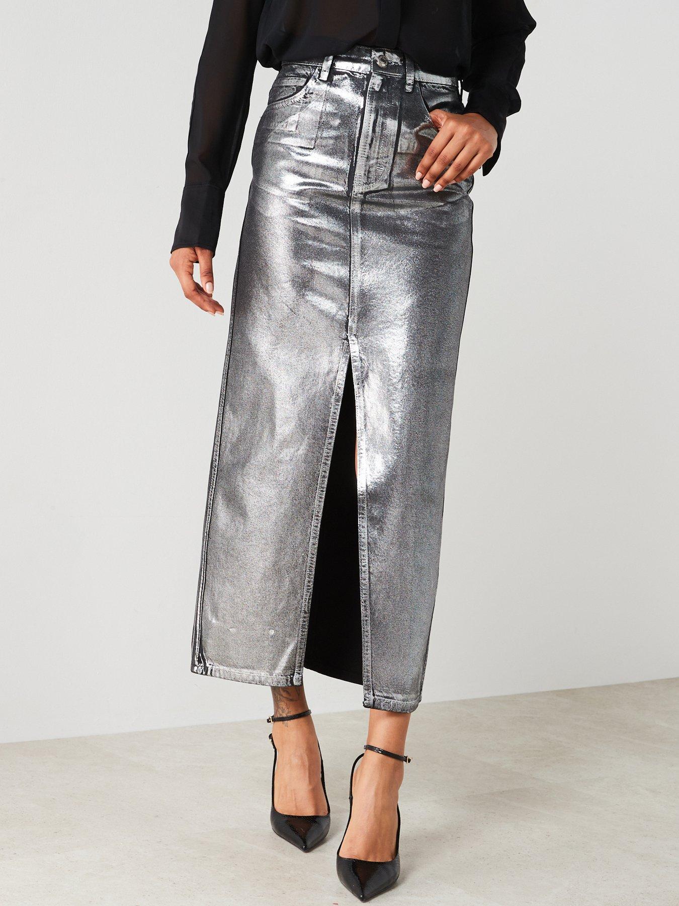 Mango Metallic Split Front Denim Midi Skirt