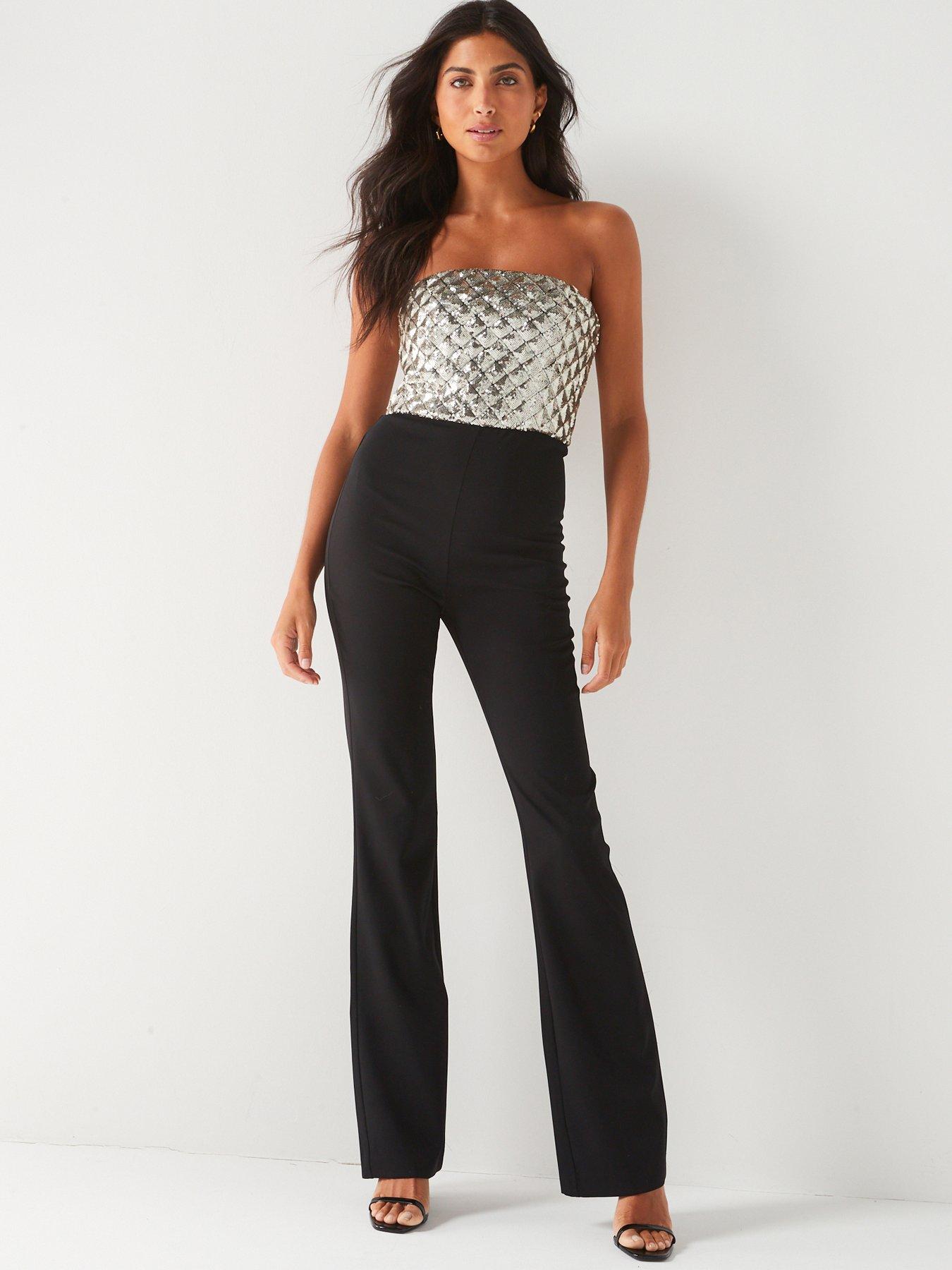 In The Style Jac Jossa Black Print Frill Shoulder Crinkle Jumpsuit