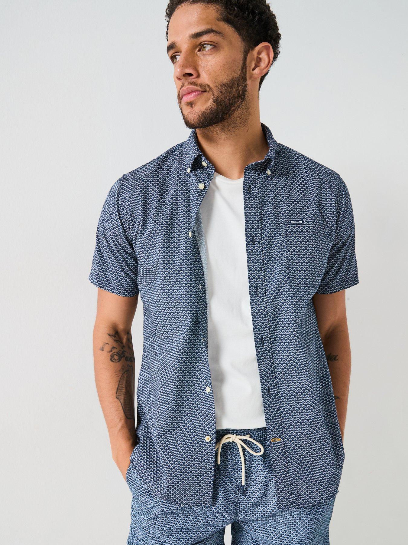 undefined Short Sleeve Shell Print Tailored Fit Shirt - Navy