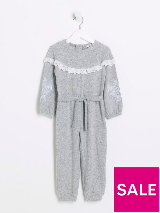 front image of river-island-mini-mini-girl-broderie-cosy-jumpsuit-grey