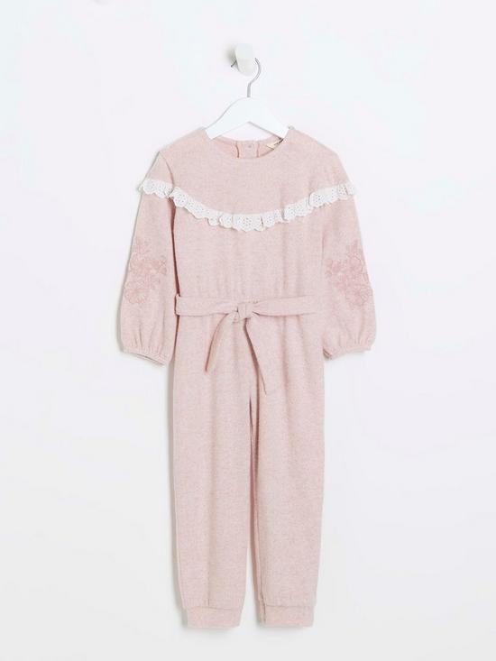 front image of river-island-mini-mini-girl-broderie-cosy-jumpsuit-pink