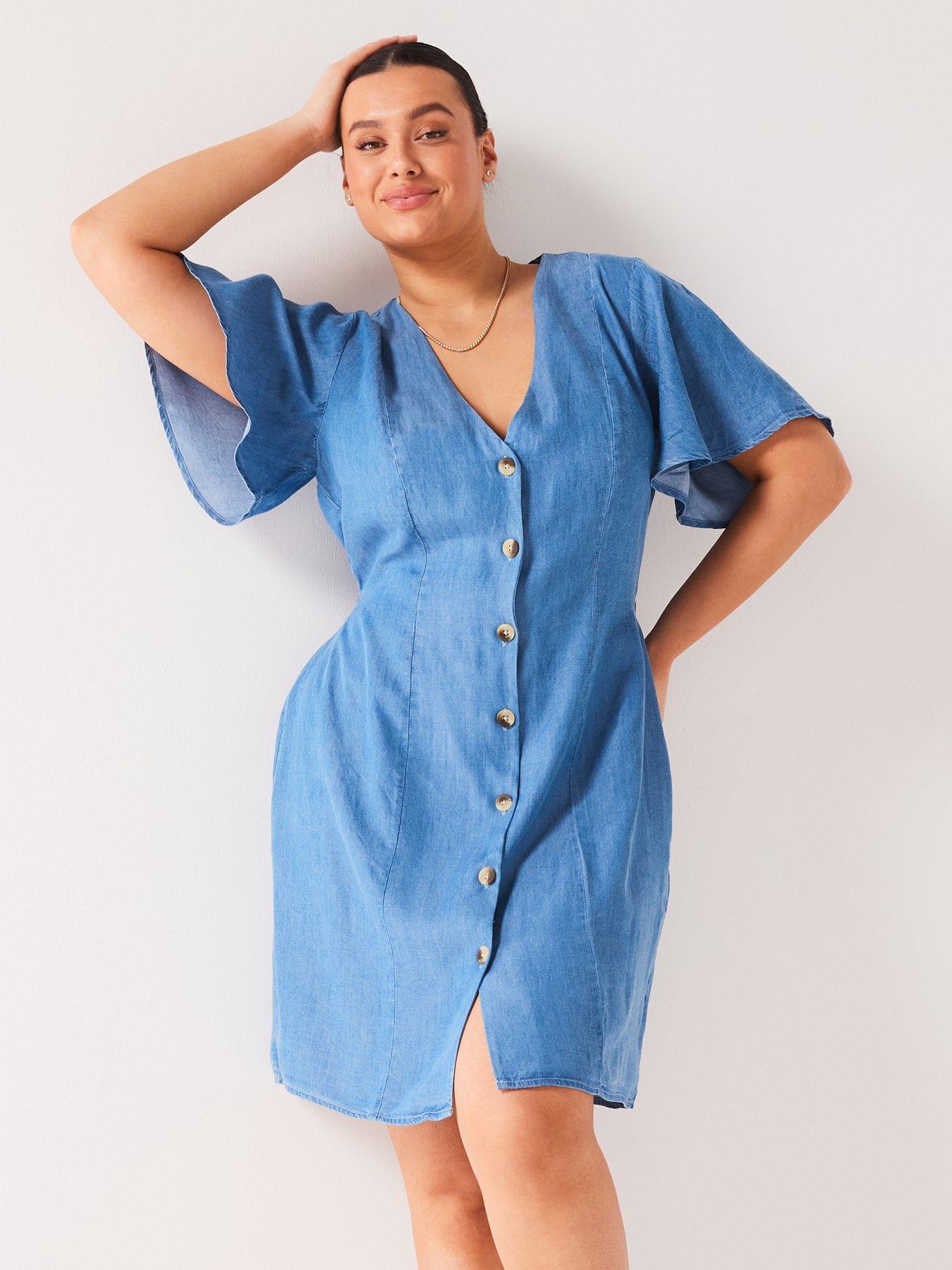 V by Very Curve Button Through Mini Dress (Curve) - Blue | Very.co.uk