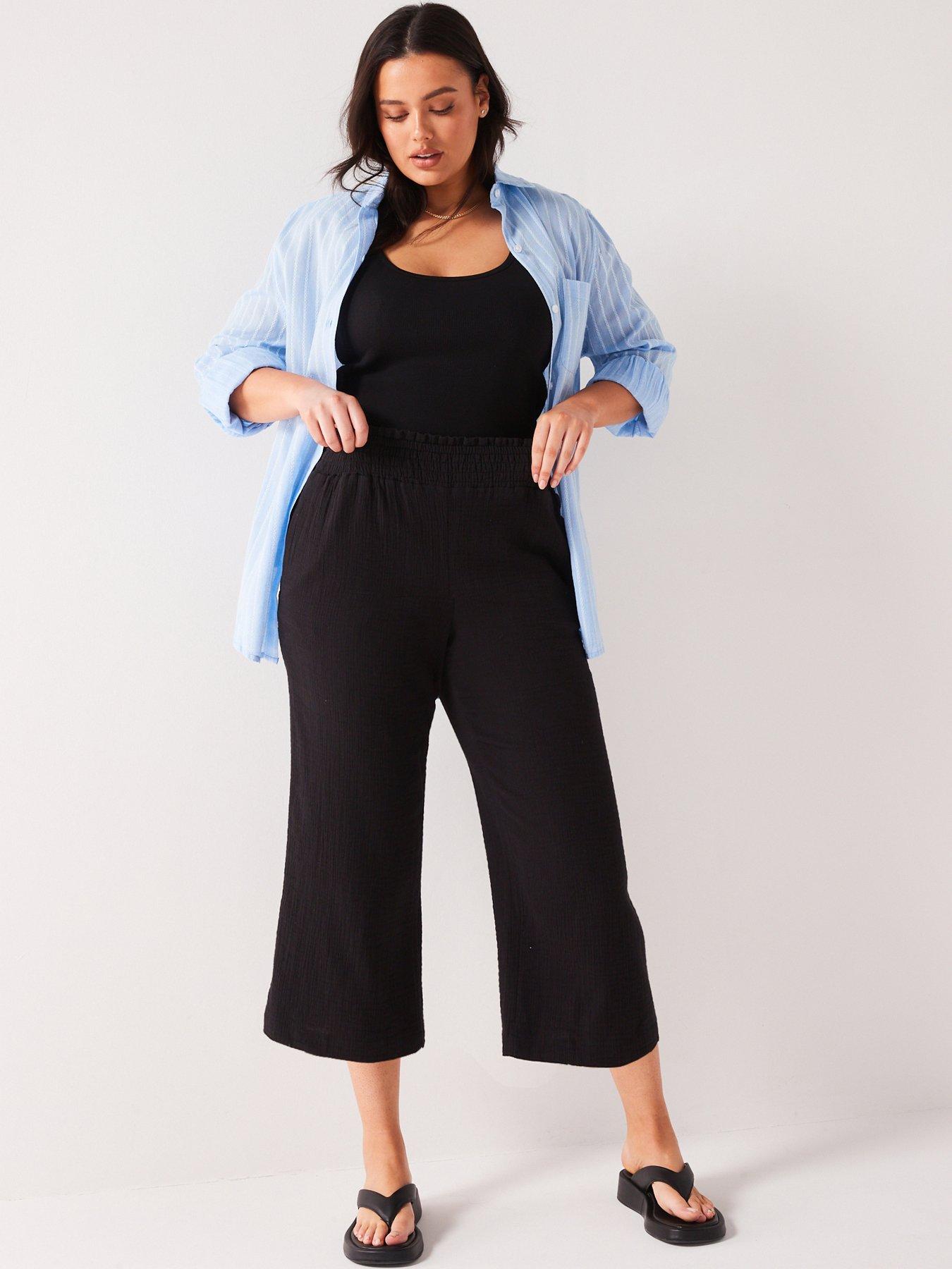 V By Very Curve Crinkle Wide Leg Culotte - Black