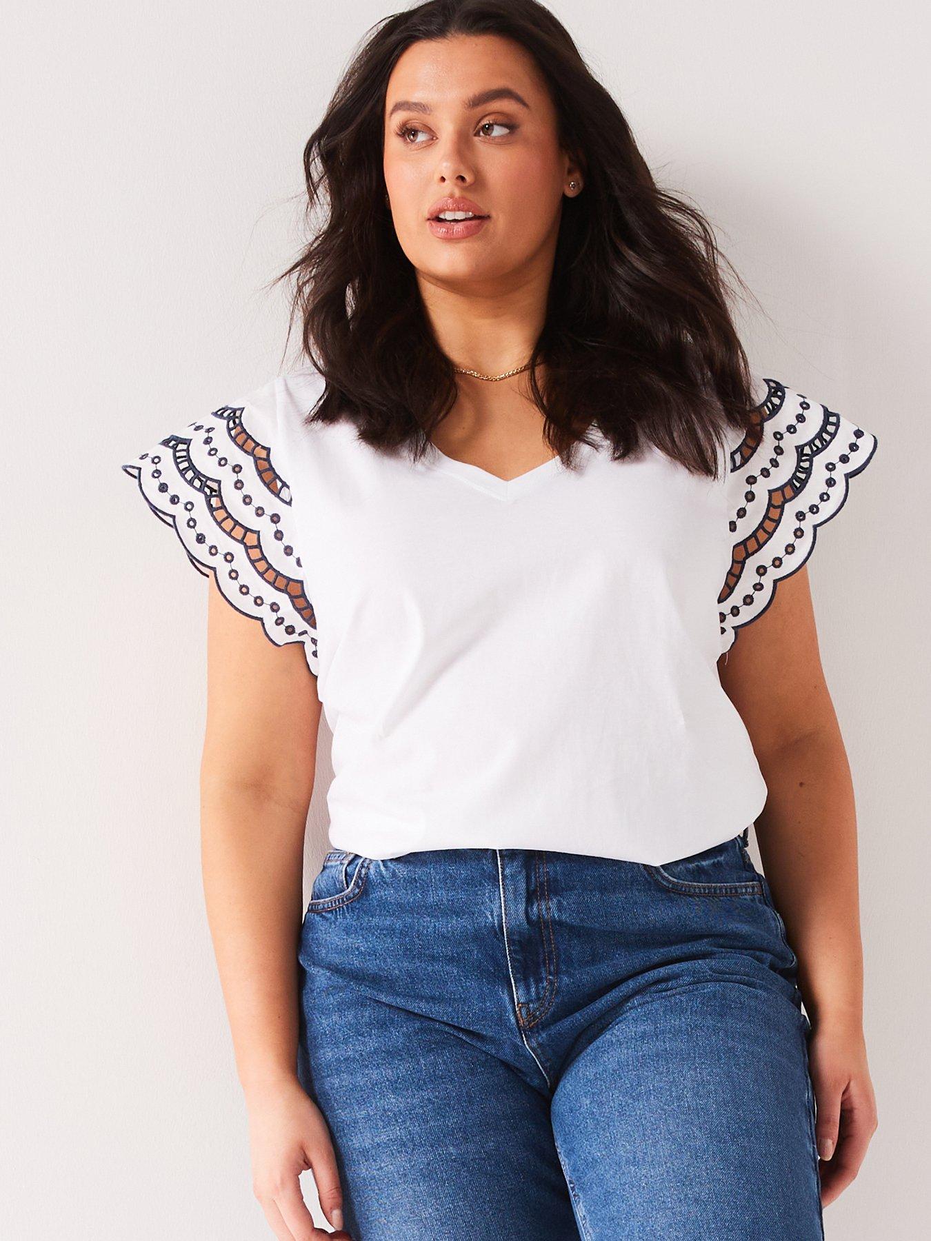 V By Very Curve Broderie Contrast Sleeve V Neck T-Shirt - White