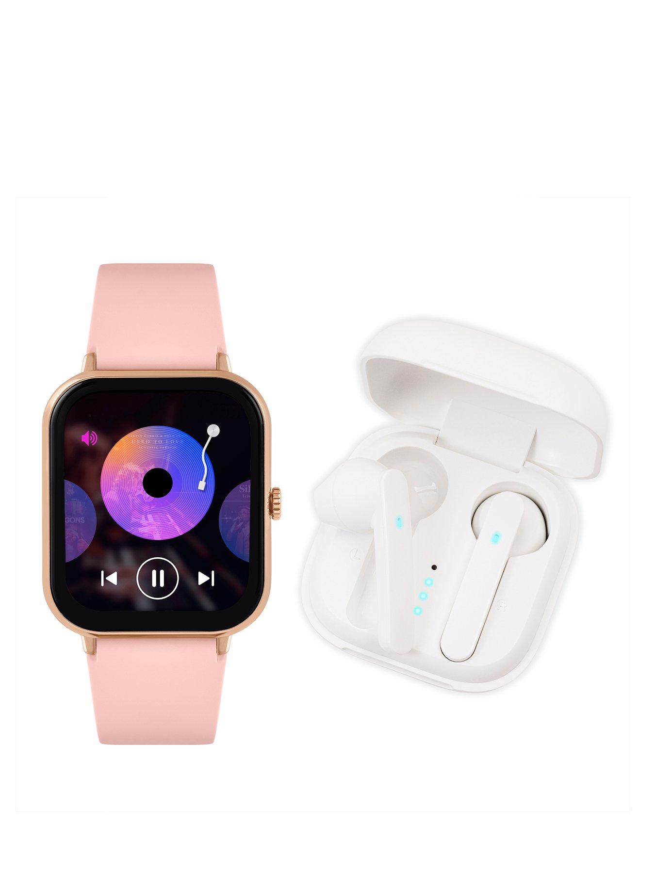 Product photograph of Reflex Active Series 23 Rose Gold Plated Pink Strap Smart Watch And True Wireless Sound Earbud Set from very.co.uk