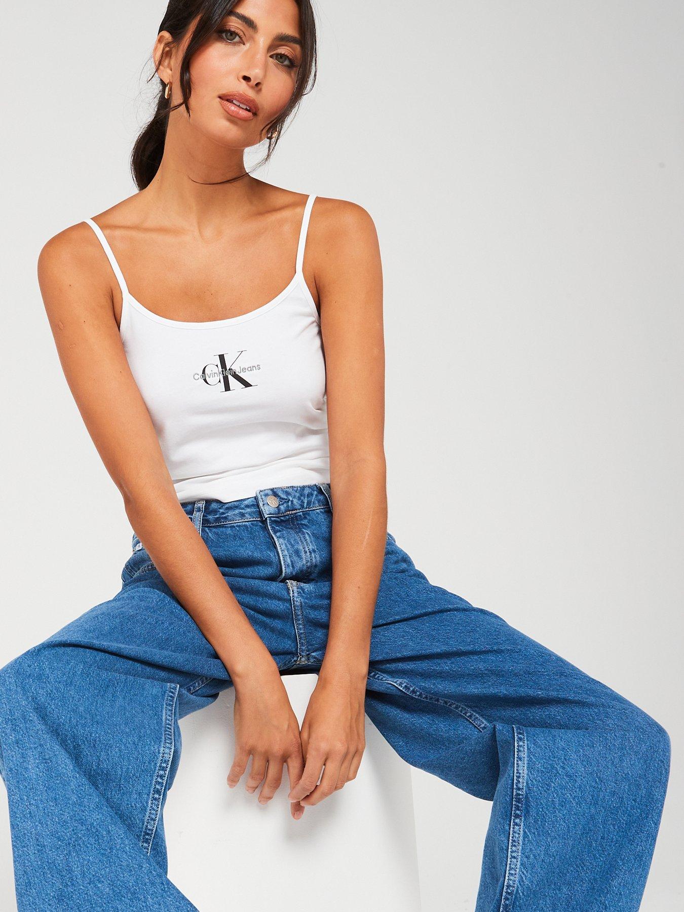 Calvin Klein Jeans Monologo Strappy Tank Top - White | Very