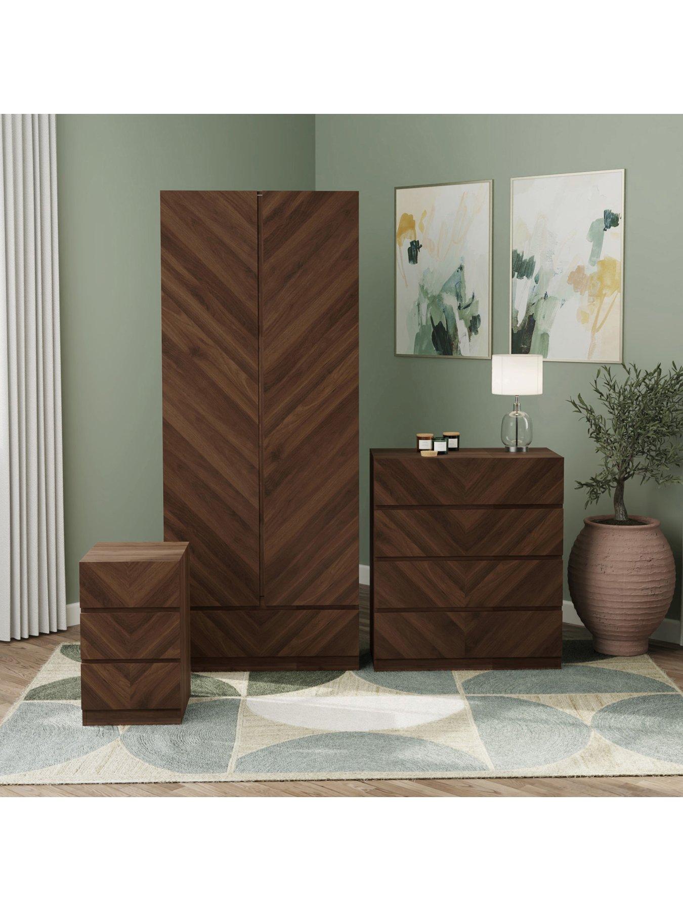 undefined Catania 3 Piece Package Deal - 2 Door, 1 Drawer Wardrobe, 4 Drawer Chest and a Bedside Chest - Walnut