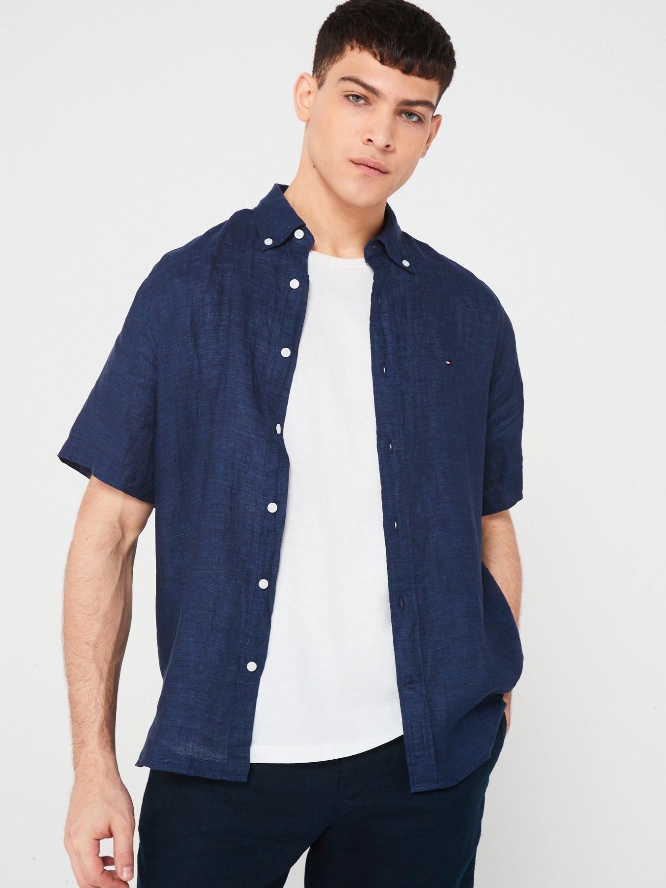 undefined Pigment Dyed Linen Regular Fit Short Sleeve Shirt - Navy