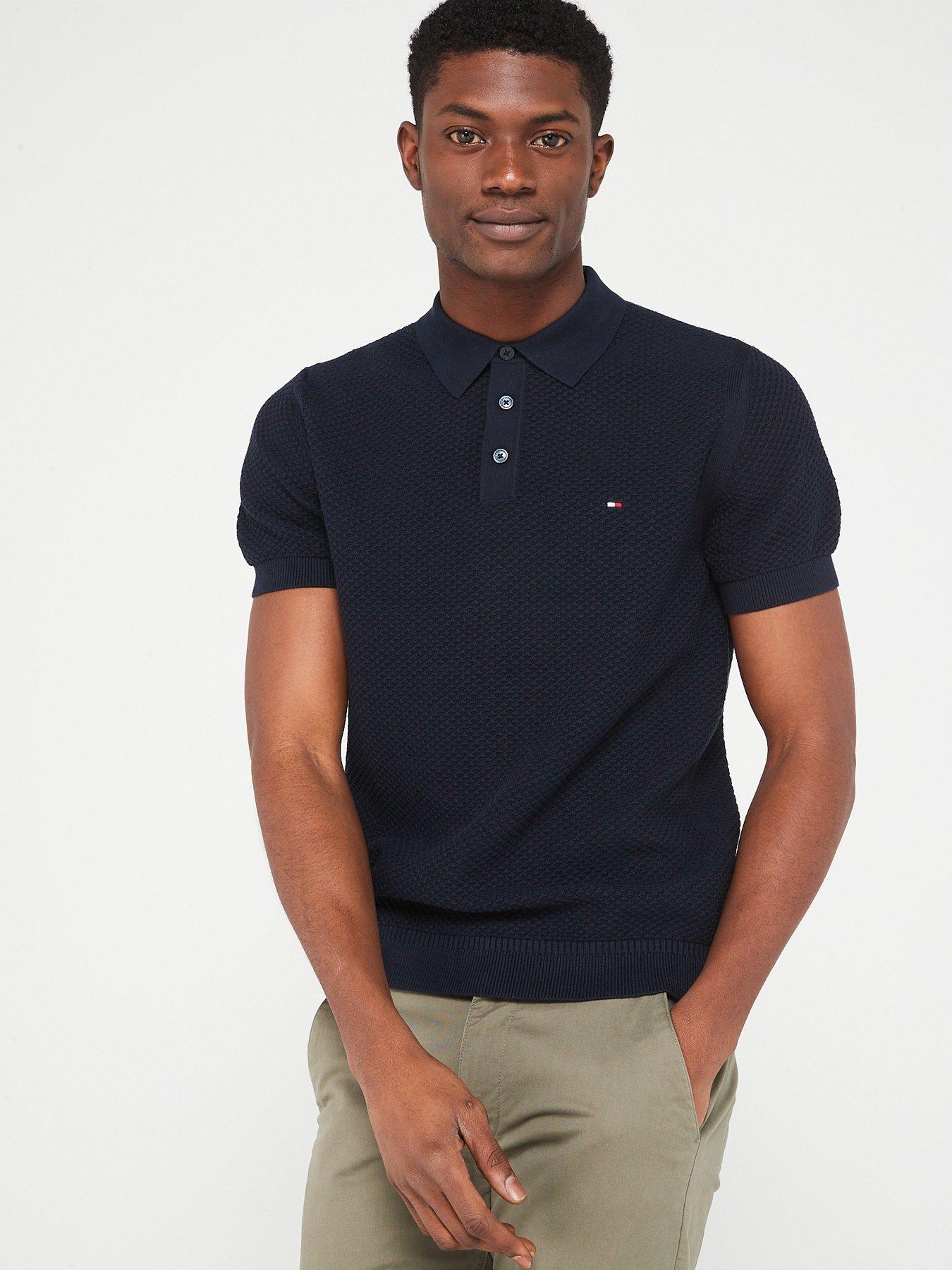 Navy knitted polo discount shirt