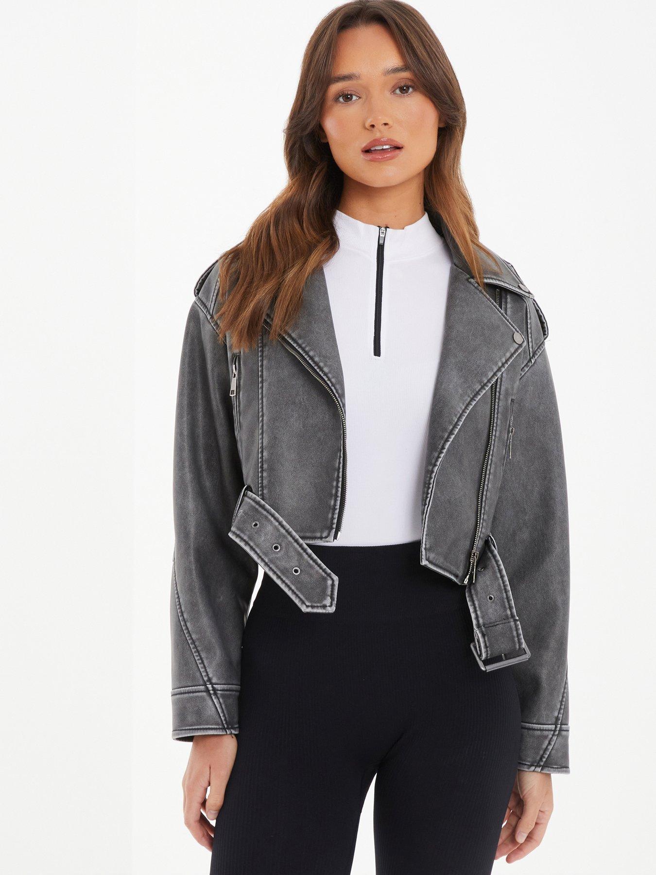 Quiz Charcoal Faux Leather Oversized Biker Jacket