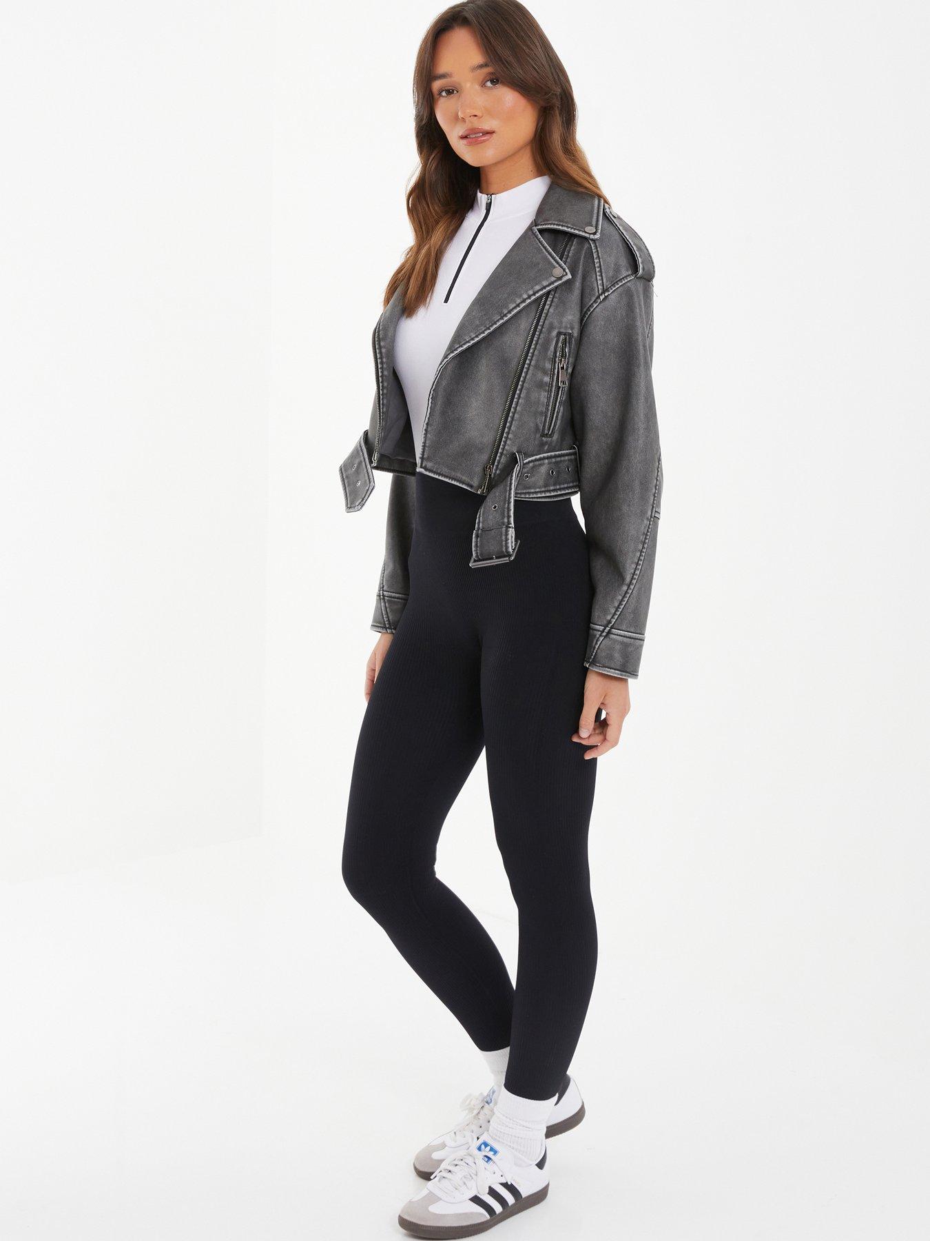 LEATHER EFFECT CROPPED BIKER JACKET - Charcoal