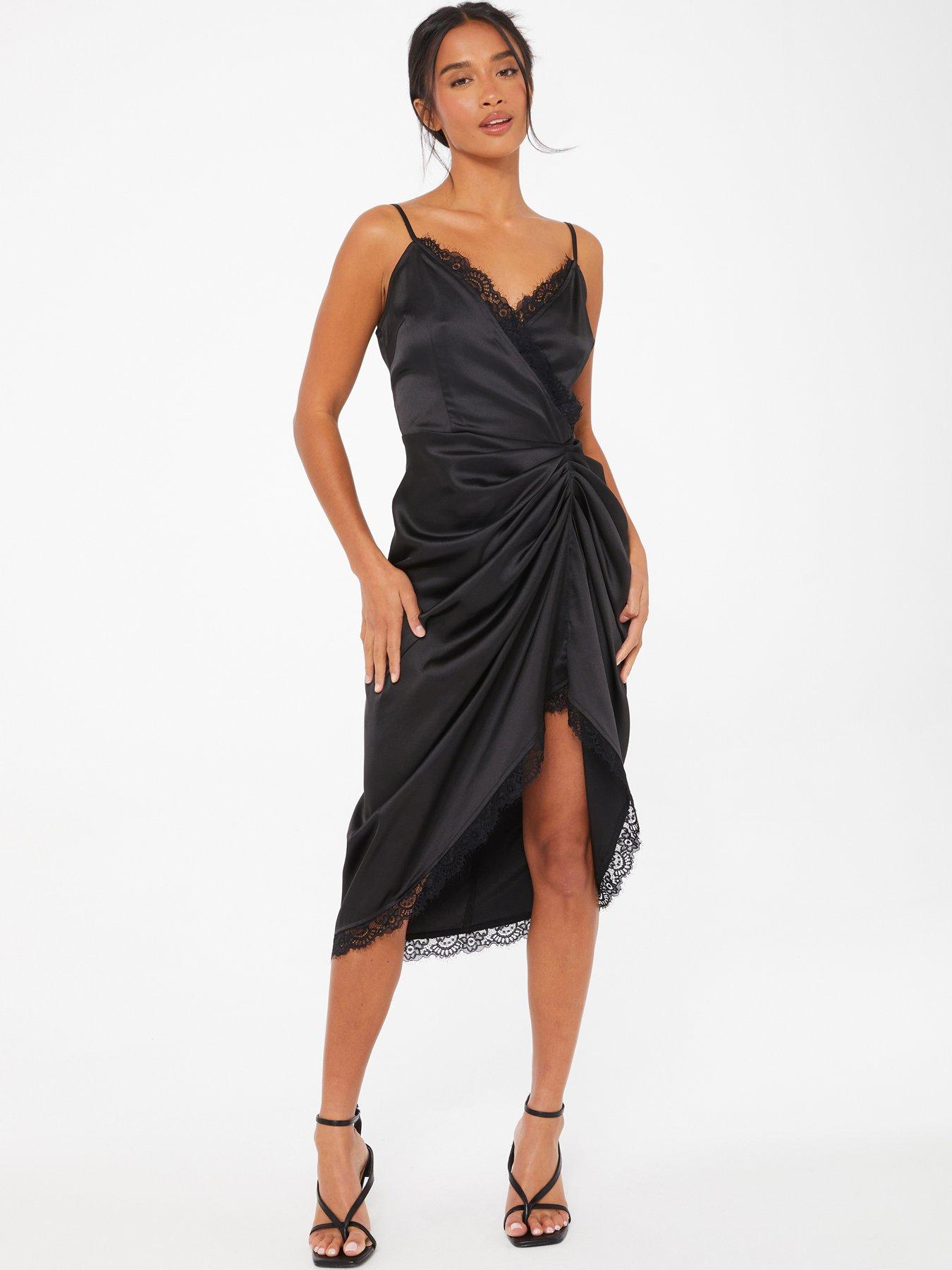 Quiz Petite Black Satin Lace Trim Midi Dress