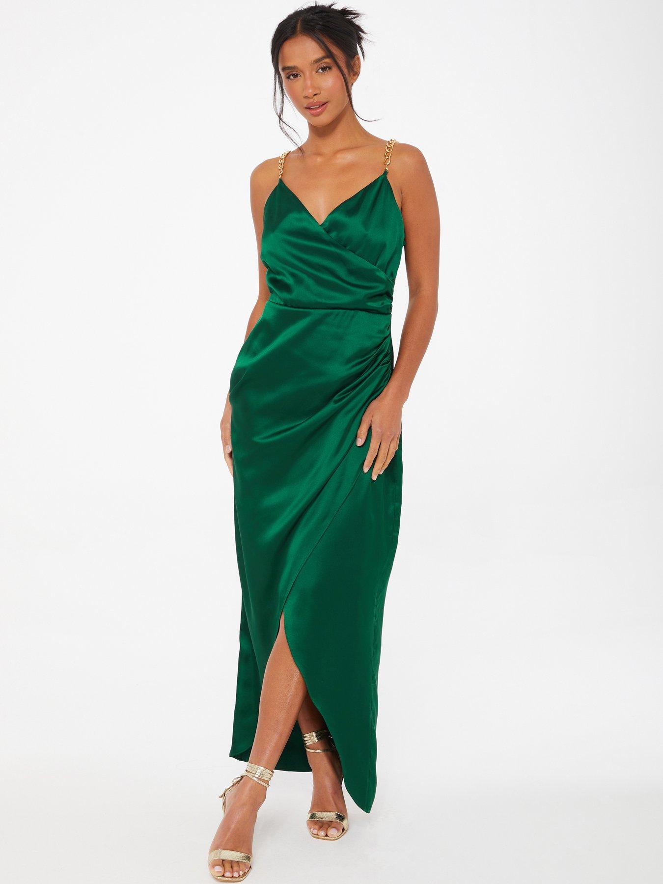 Quiz Petite Bottle Green Satin Wrap Maxi Dress | very.co.uk