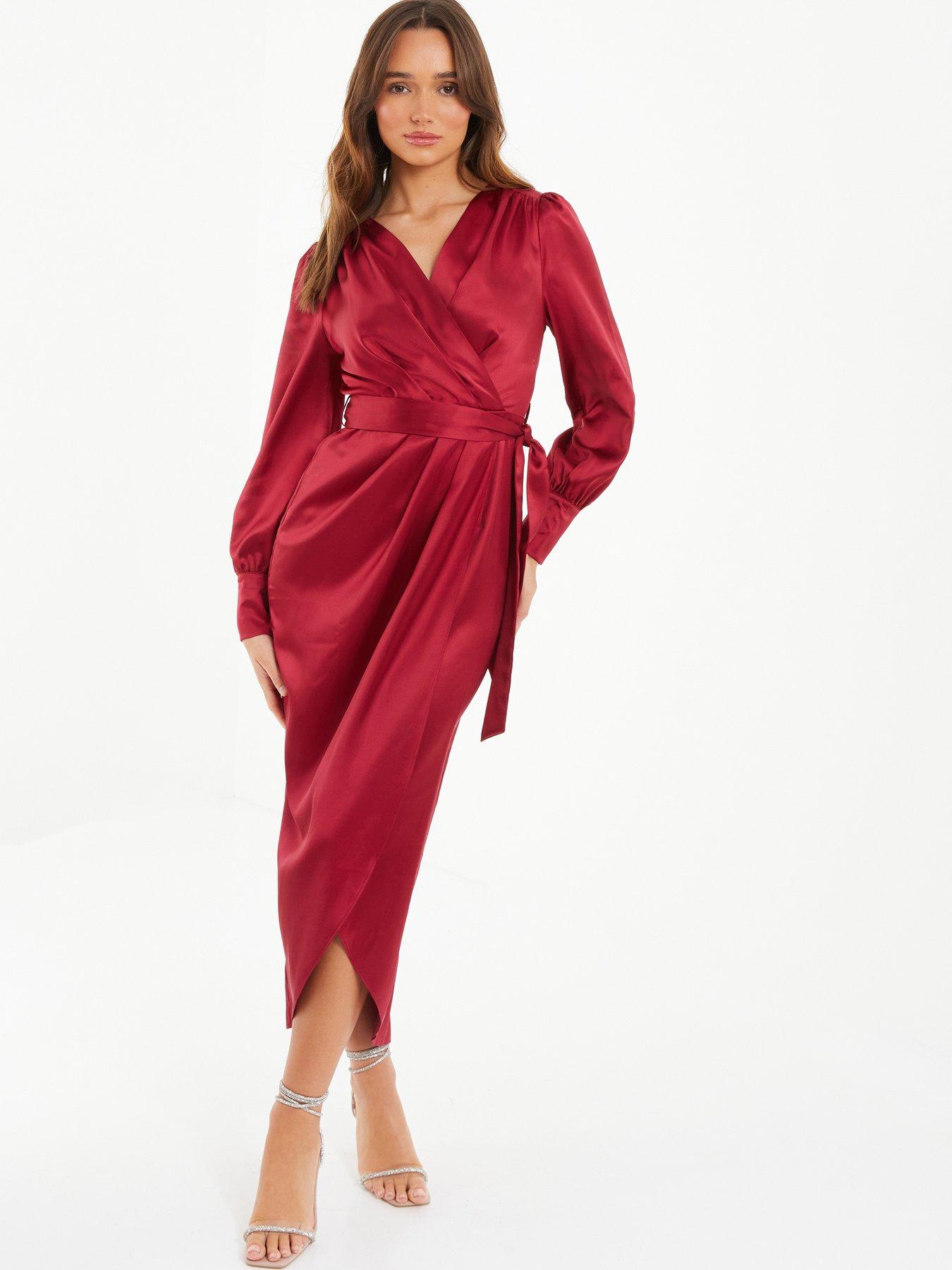 Red satin long hot sale sleeve wrap dress