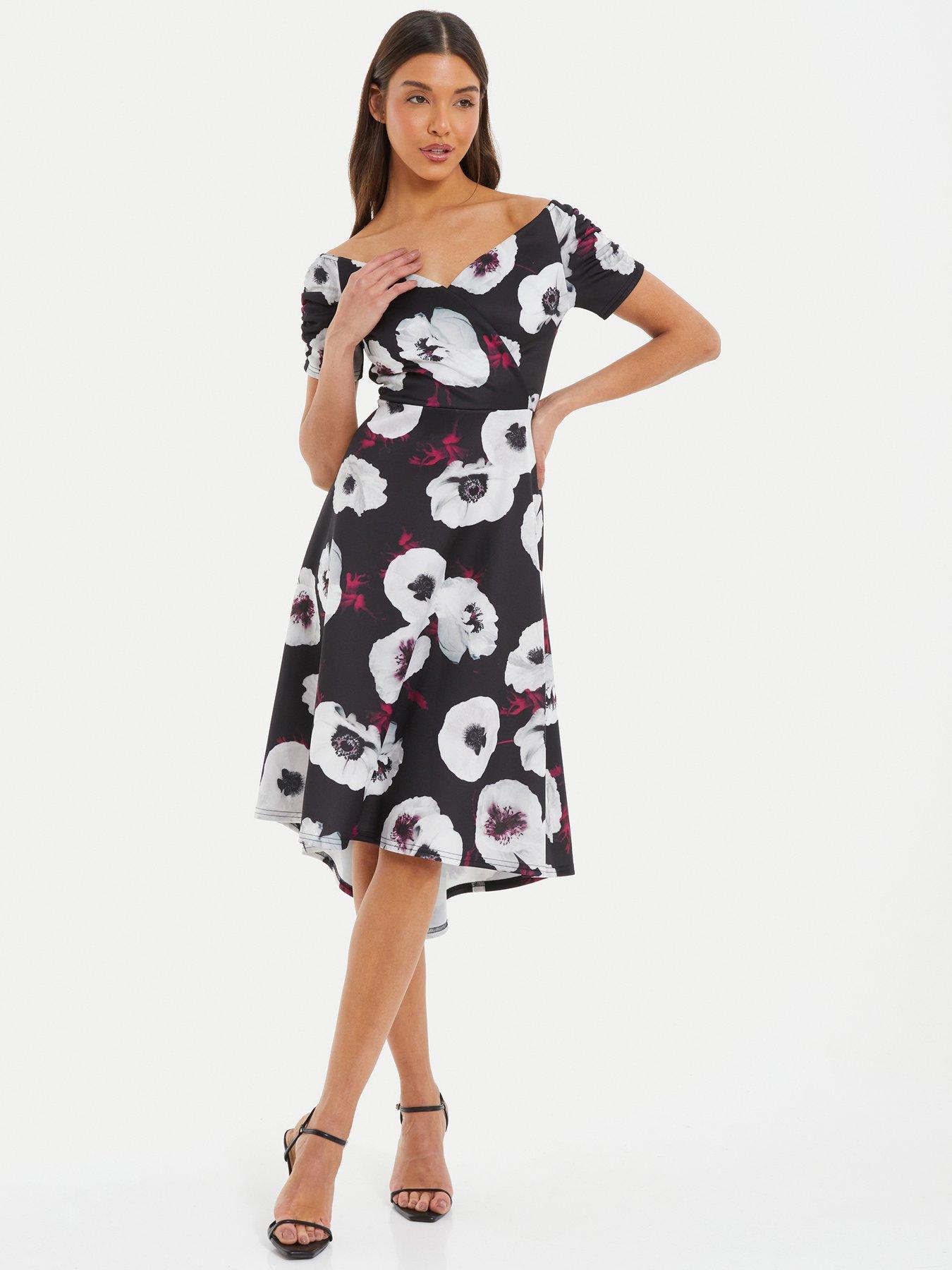 Quiz Black Floral Print Dip Hem Midi Dress Very