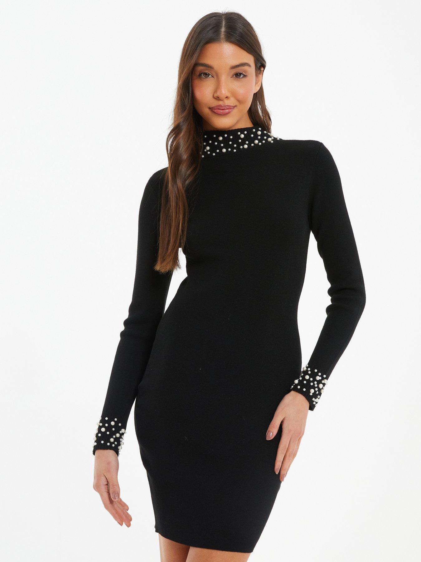 Quiz Black Knitted Pearl Bodycon Jumper Dress | very.co.uk