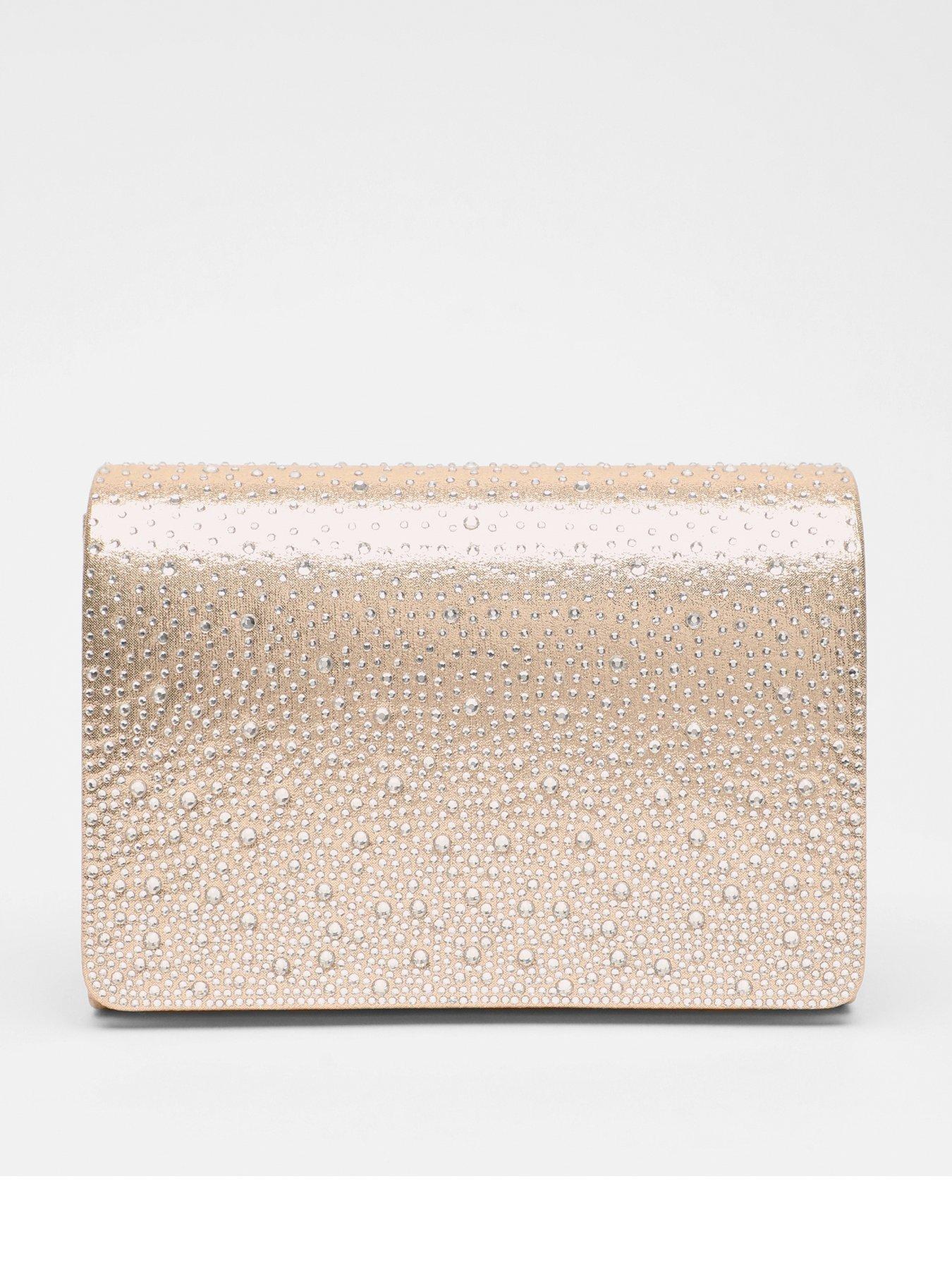 Image 1 of 4 of Quiz Gold Satin Diamante Clutch Bag
