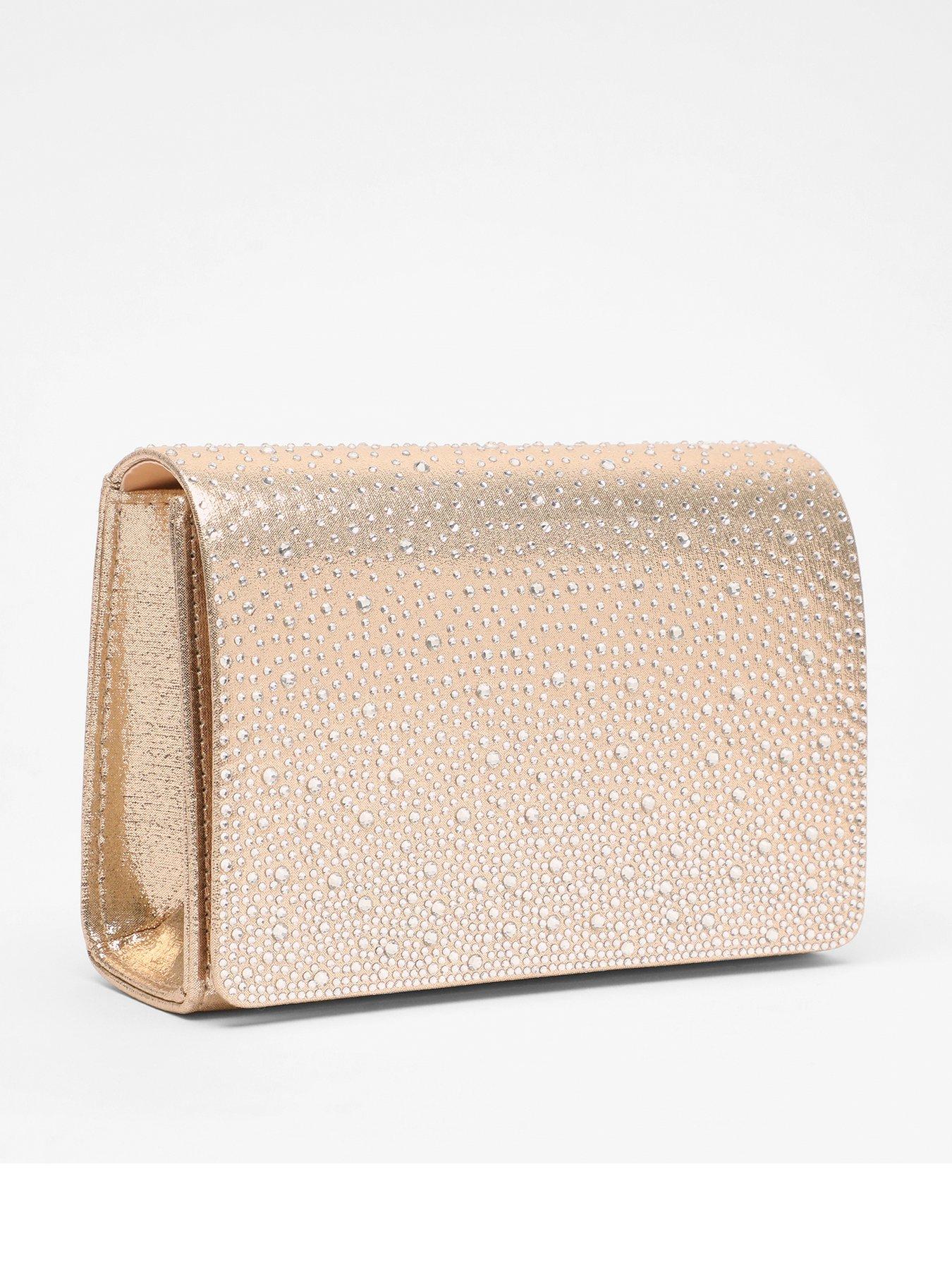Image 2 of 4 of Quiz Gold Satin Diamante Clutch Bag