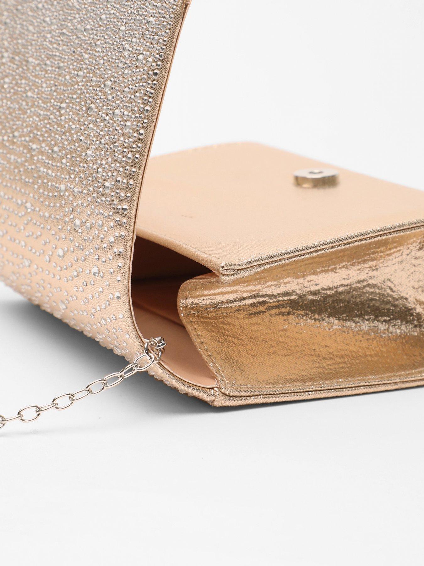 Image 4 of 4 of Quiz Gold Satin Diamante Clutch Bag