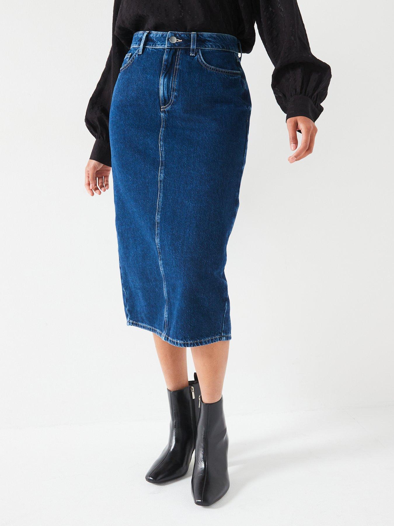 V by Very High Waist Denim Midi Skirt - Mid Wash | Very.co.uk