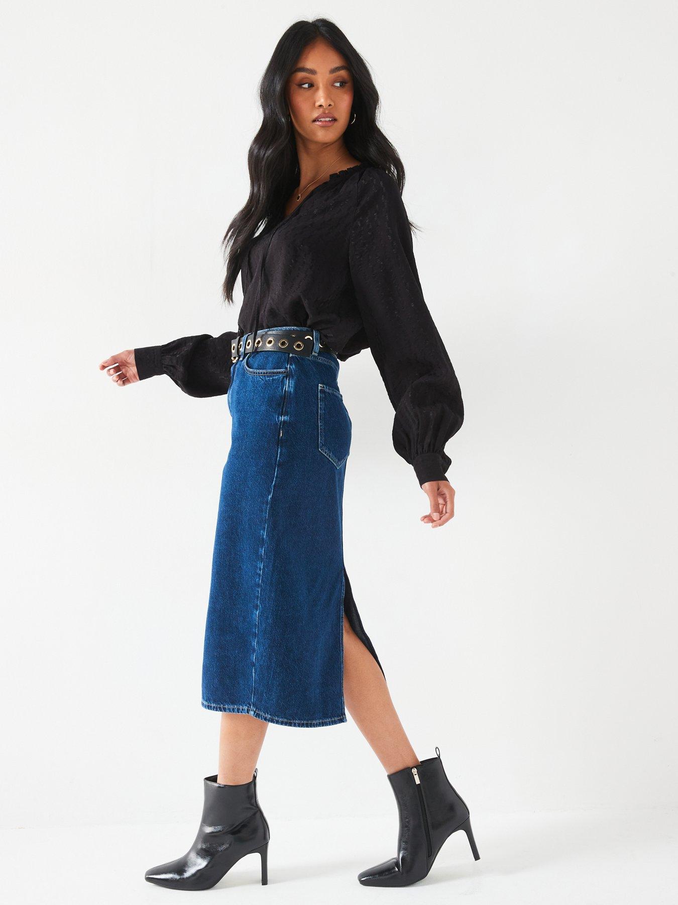 V by Very High Waist Denim Midi Skirt - Mid Wash | Very.co.uk