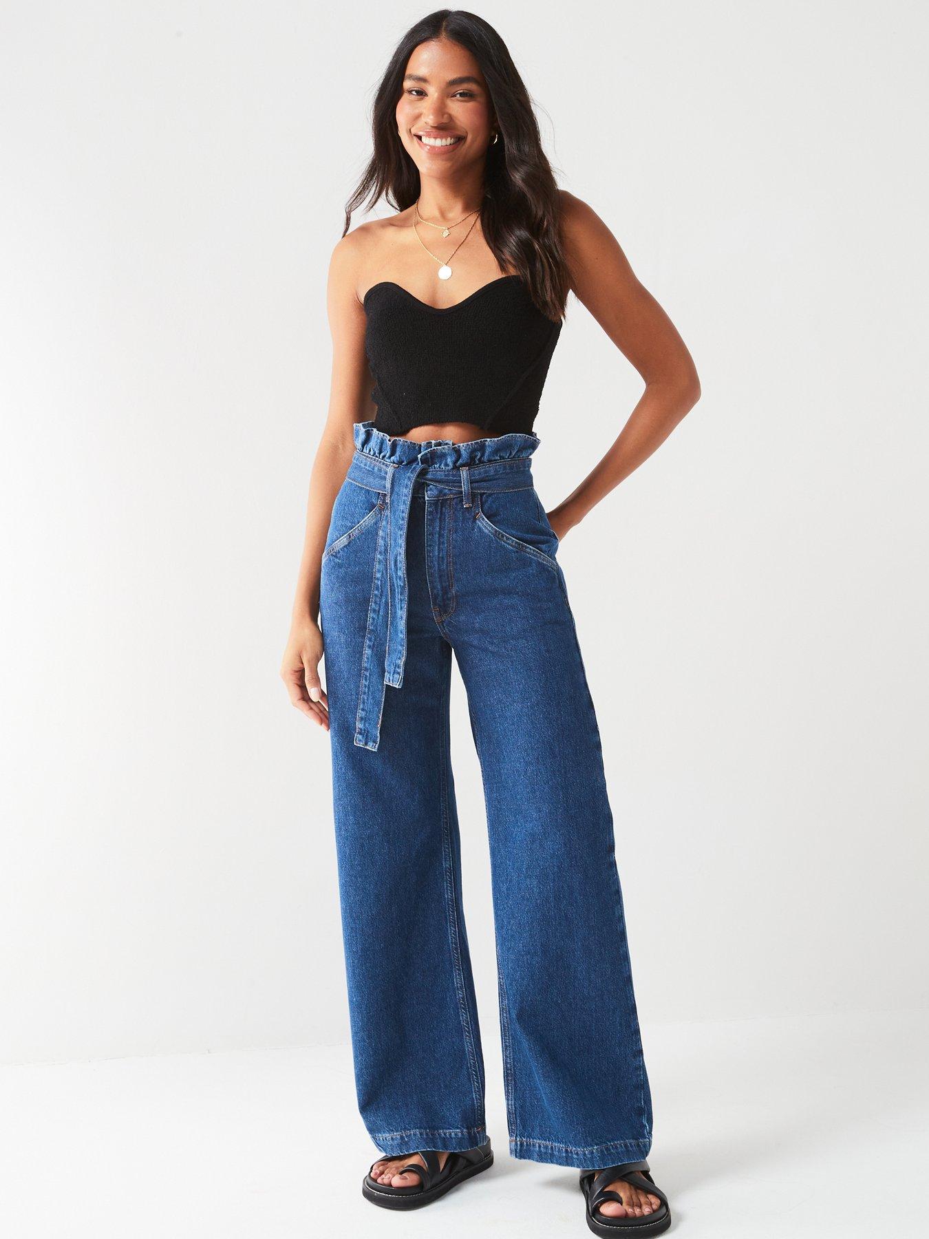 V by Very Self Belted Wide Leg Jeans - Mid Wash | Very.co.uk