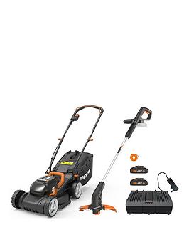Product photograph of Worx Wg927e 20v Max Lawn Twin Pack - Cordless Lawnmower Amp Grass Trimmer from very.co.uk