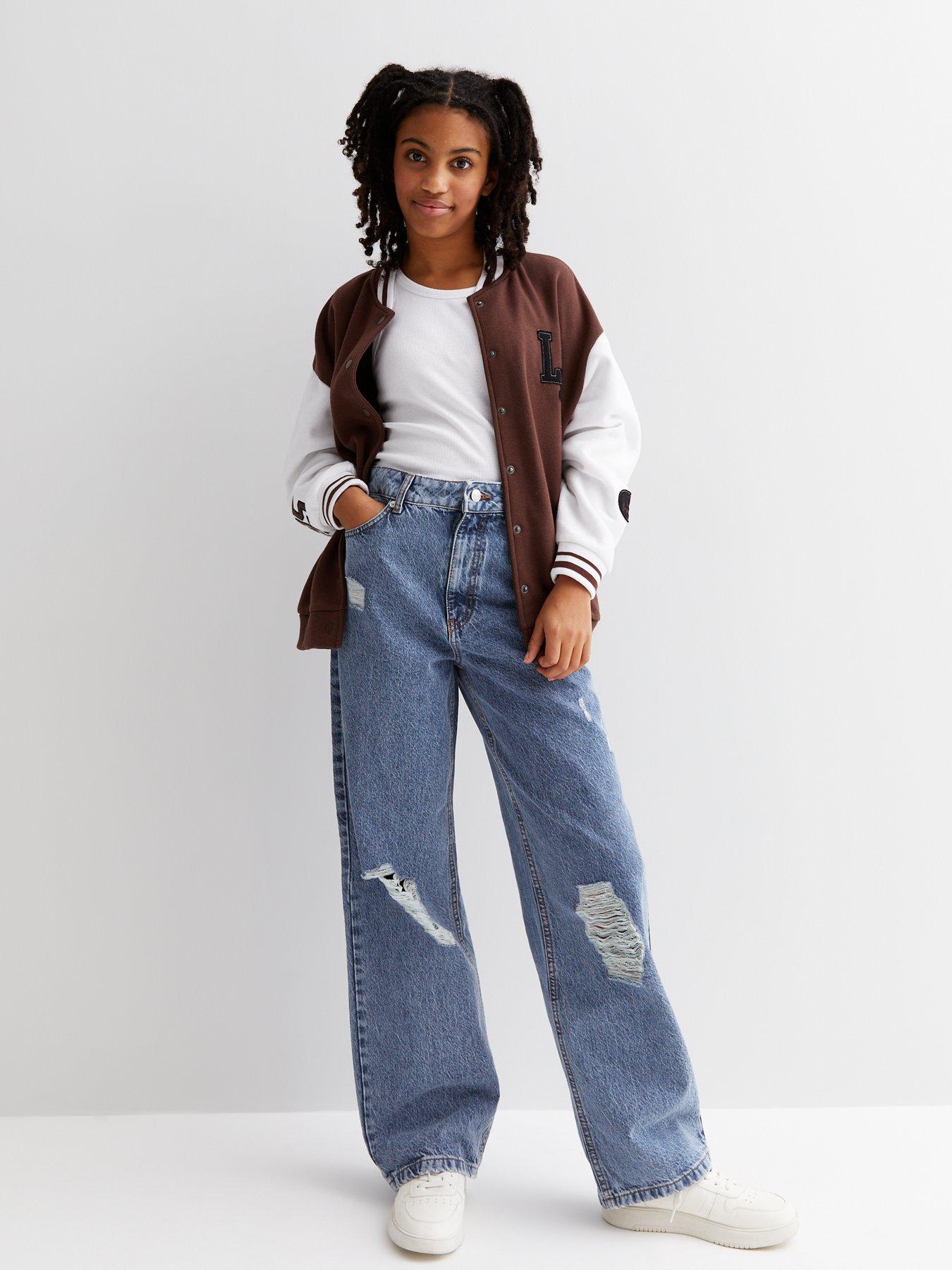 Girls Bright Blue Ripped High Waist Adalae Wide Leg Jeans