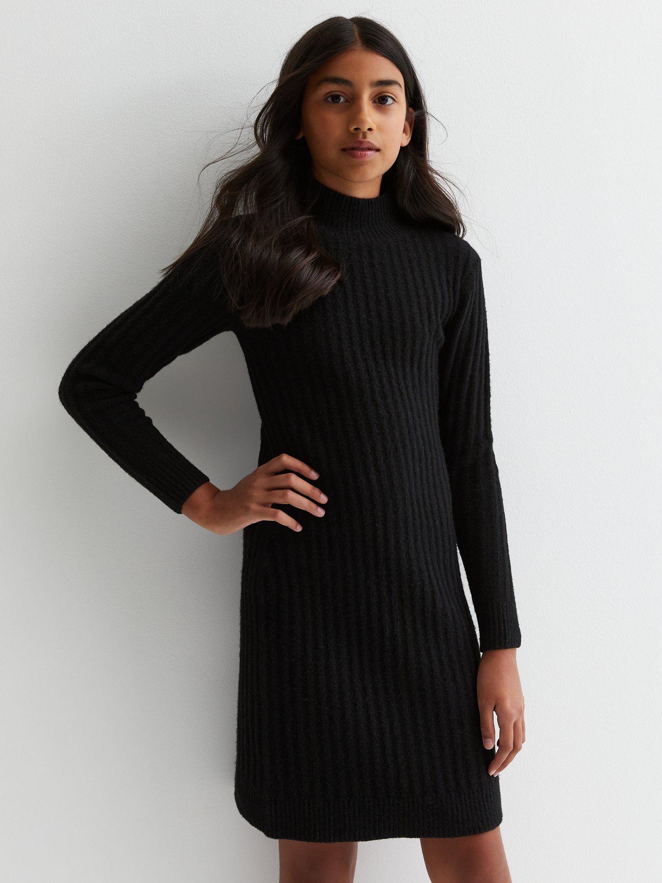 new-look-915-girls-ribbed-knit-high-neck-mini-dress-black