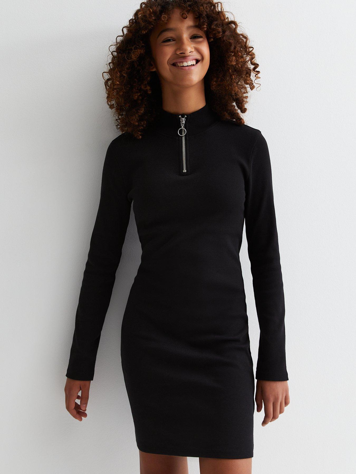 new-look-915-girls-black-ribbed-high-zip-neck-mini-dress