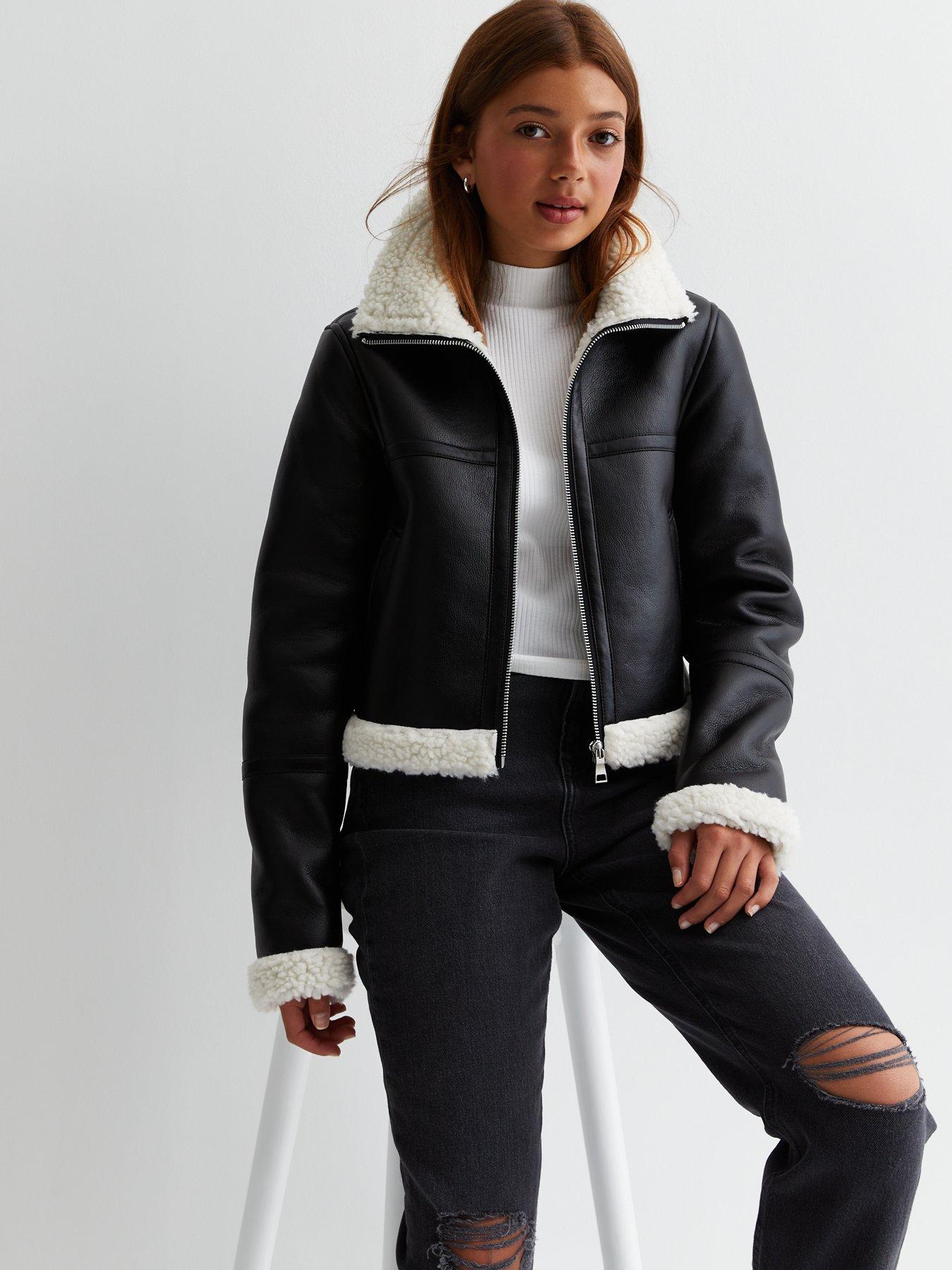 Girls Leather Look Faux Fur Trim Aviator Jacket Black