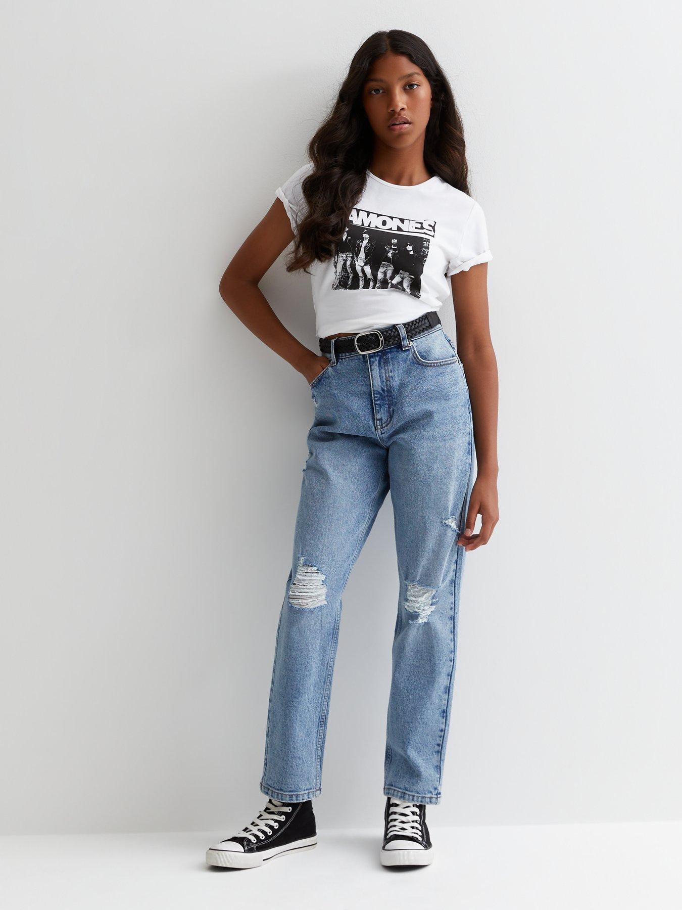 New Look 915 Girls Ripped Knee Belted Moira Mom Jeans Blue