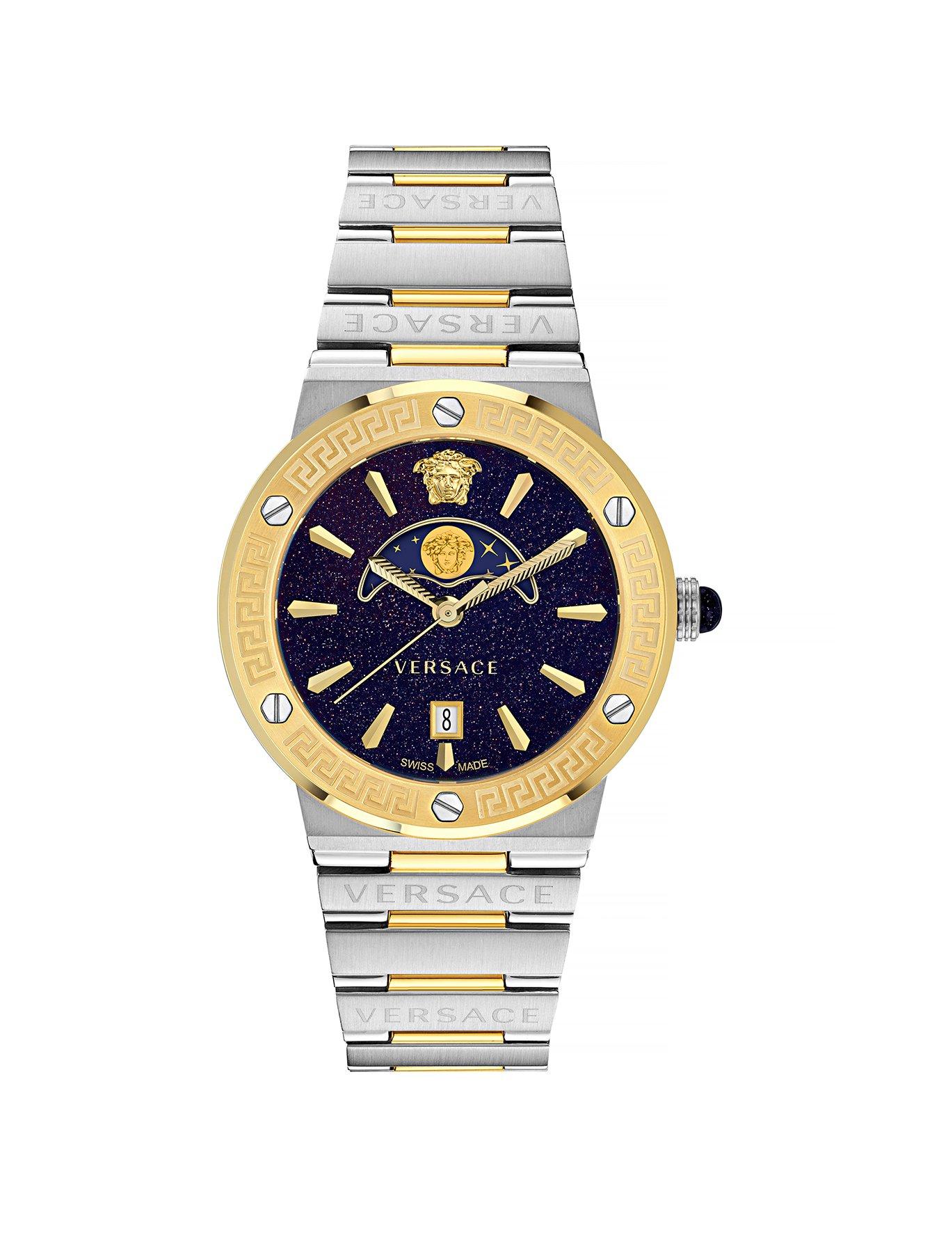 Product photograph of Versace Greca Logo Moonphase Blue Dial Ladies Versace Watch from very.co.uk