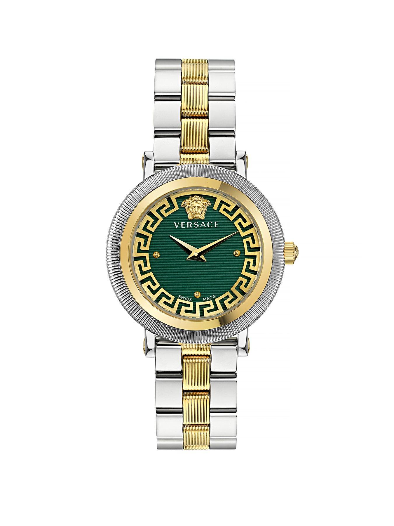 Product photograph of Versace Greca Flourish Green Dial Ladies Watch from very.co.uk