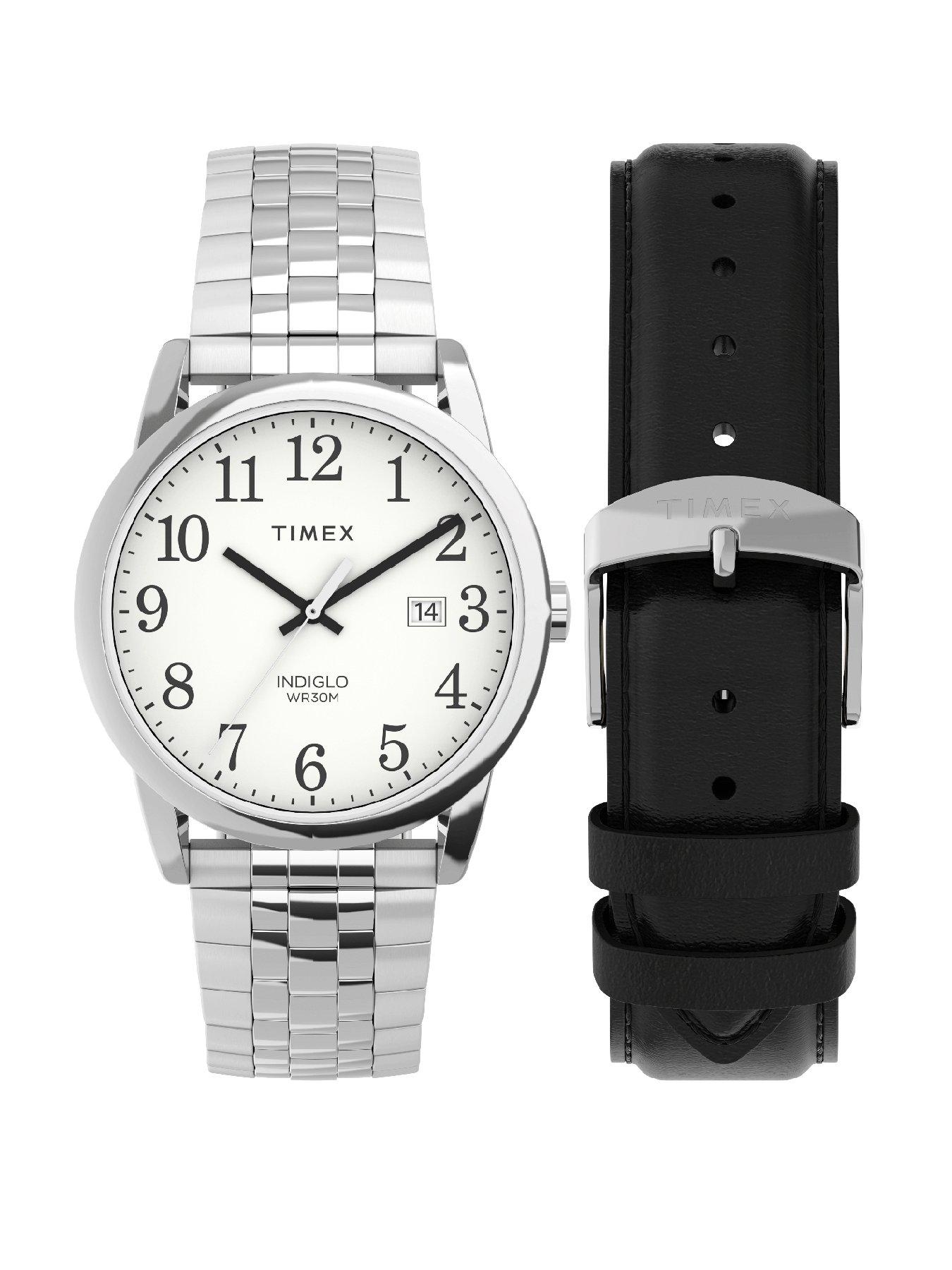 Timex Mens Easy Reader Box Set Silver Tone Expansion Black Extra