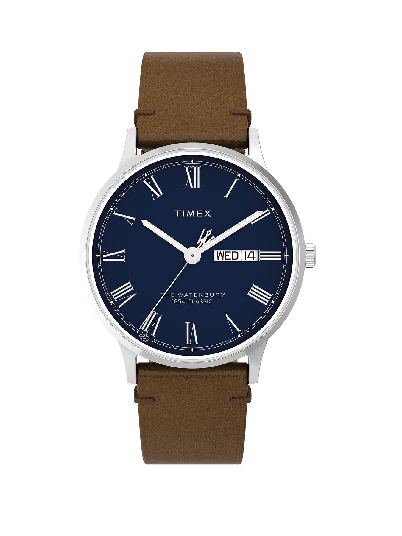 Product photograph of Timex Waterbury Classic 40mm 3 Hand Sst Case Blue Dial Brown Strap Gents Watch from very.co.uk