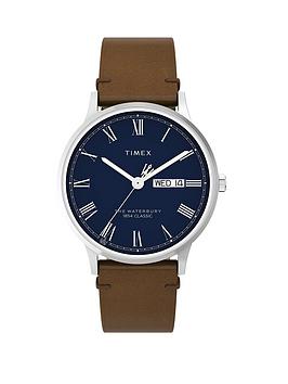 timex waterbury classic 40mm 3 hand sst case blue dial brown strap gents watch