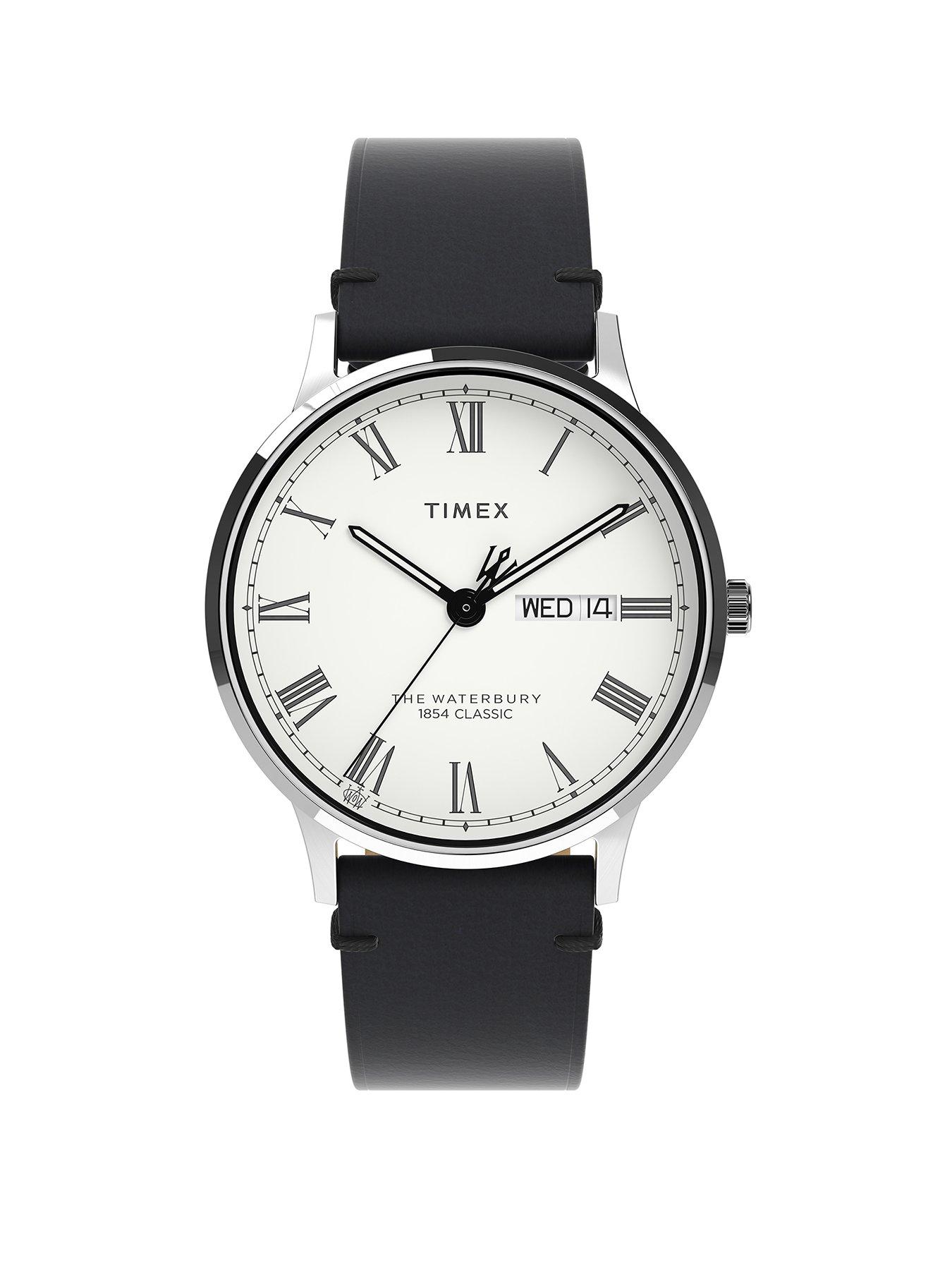Product photograph of Timex Waterbury Classic 40mm 3 Hand Sst Case White Dial Black Strap Gents Watch from very.co.uk