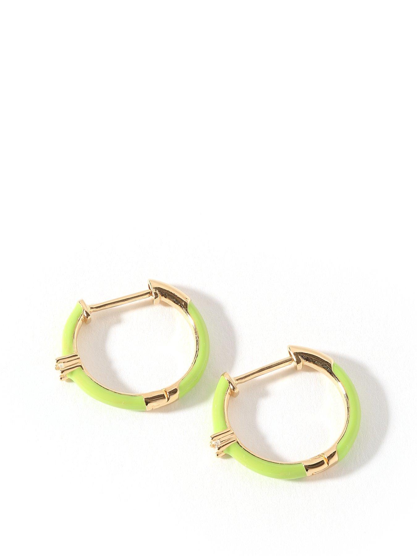 Product photograph of The Love Silver Collection 18ct Gold Plated Sterling Silver Cubic Zirconia Green Enamel 17mm Hoop Earrings from very.co.uk