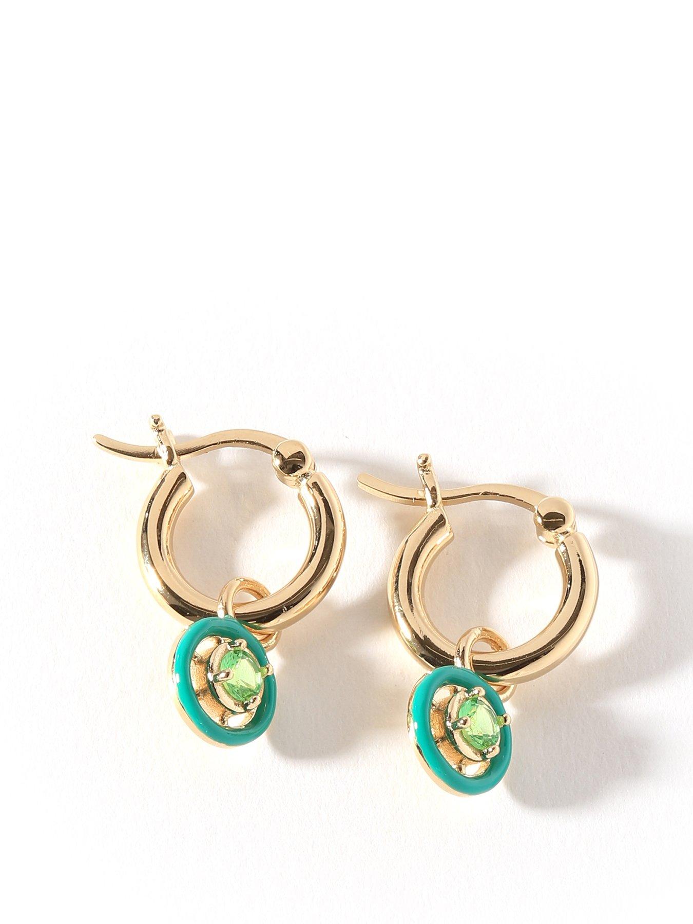 Product photograph of The Love Silver Collection 18ct Gold Plated Sterling Silver Cubic Zirconia Green Enamel Charm Hoop Earrings from very.co.uk