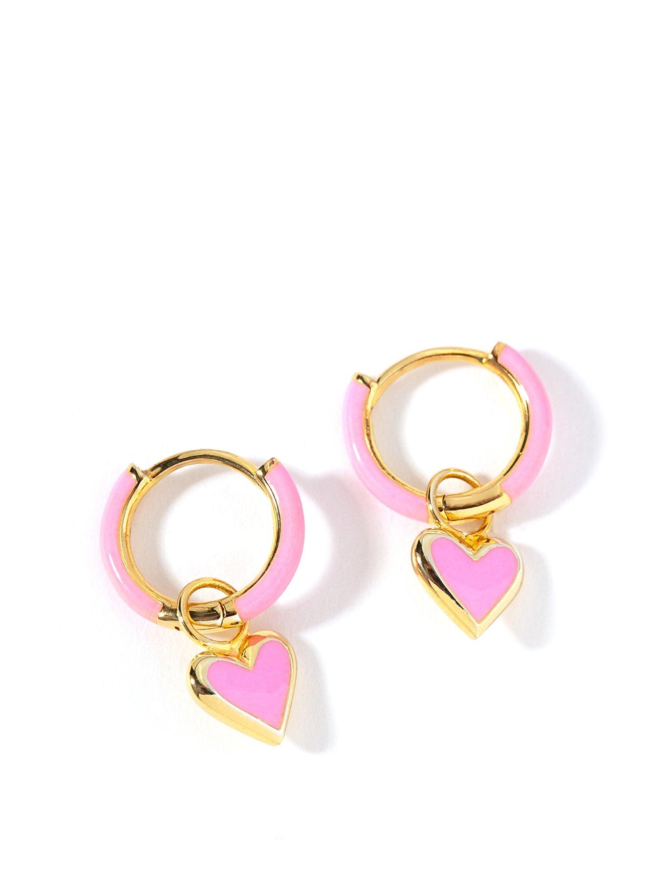 Product photograph of The Love Silver Collection Gold Plated Sterling Silver Pink Enamel Removable Heart Charm 10mm Hoop Earrings from very.co.uk