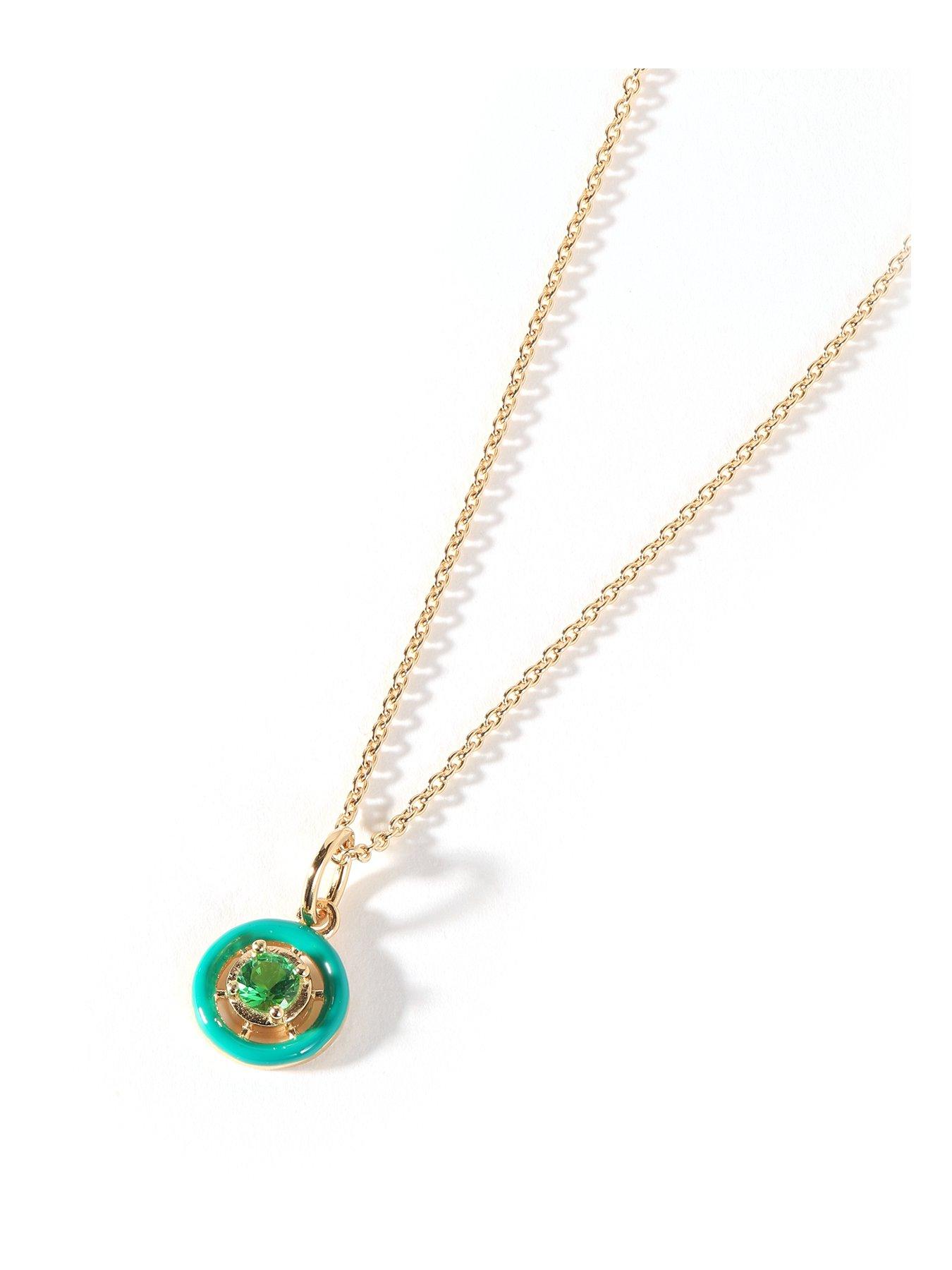 Product photograph of The Love Silver Collection 18ct Gold Plated Sterling Silver Cubic Zirconia Green Enamel Pendant Necklace from very.co.uk