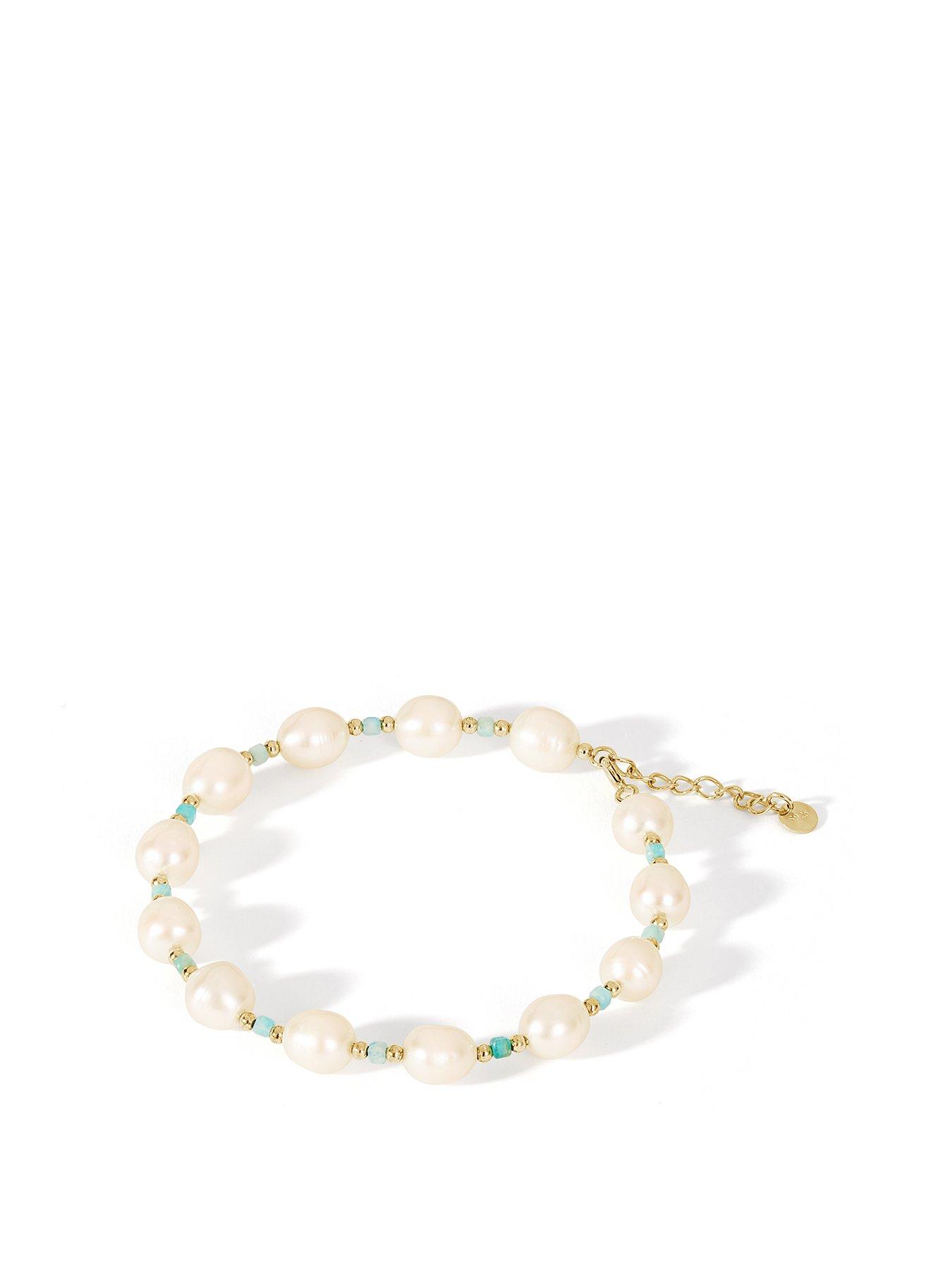 Product photograph of The Love Silver Collection Gold Plated Sterling Silver 8mm Freshwater Pearl Amp Amazonite Bead Bracelet from very.co.uk