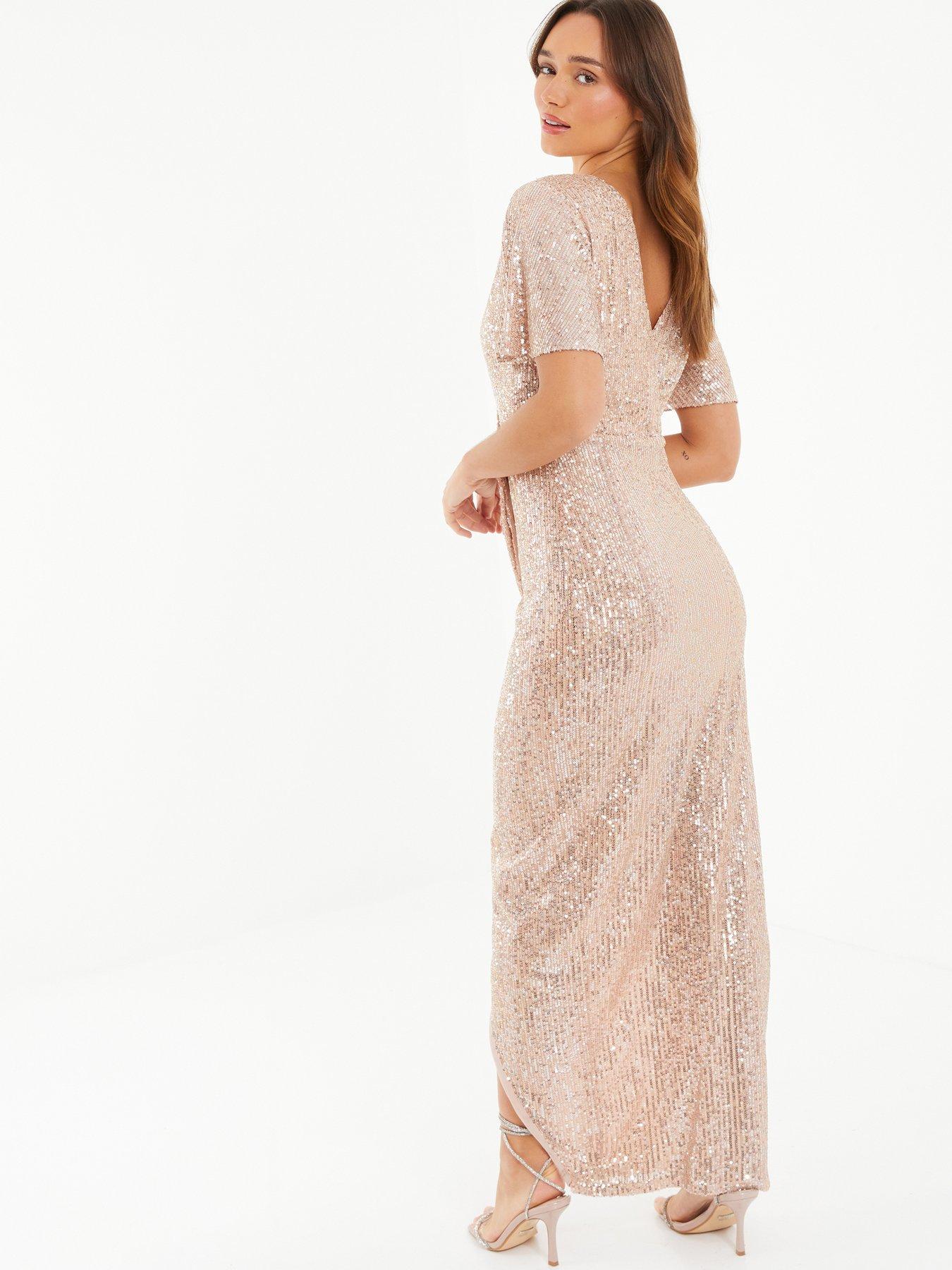 Quiz Champagne Sequin Wrap Maxi Dress