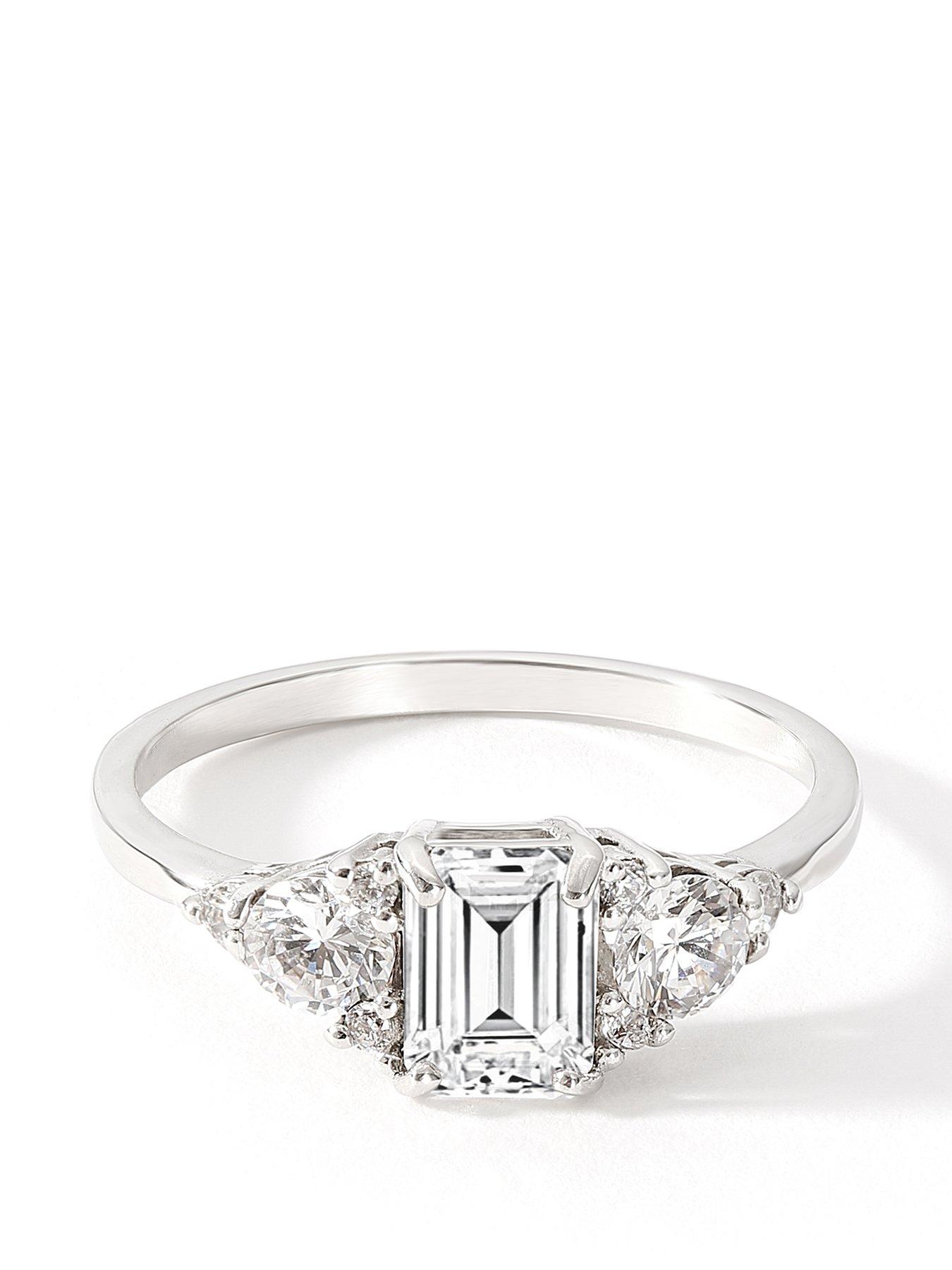 Product photograph of The Love Silver Collection Sterling Silver Cubic Zirconia Emerald Cut Vintage Shoulder Ring from very.co.uk