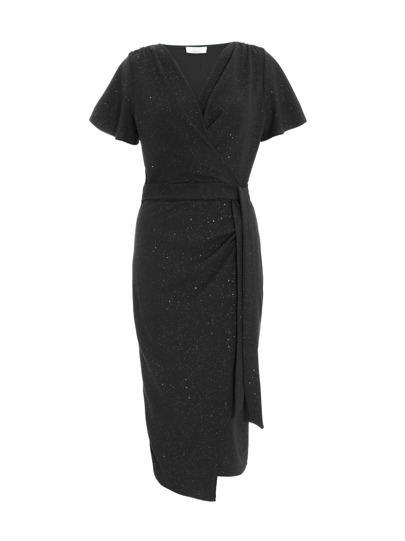 Quiz Black Glitter Ruched Wrap Midi Dress Very