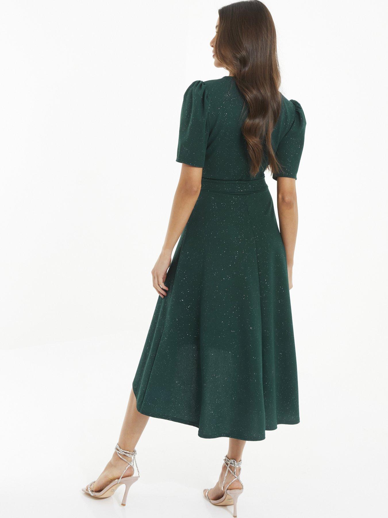 Quiz Bottle Green Glitter Dip Hem Midi Dress Very