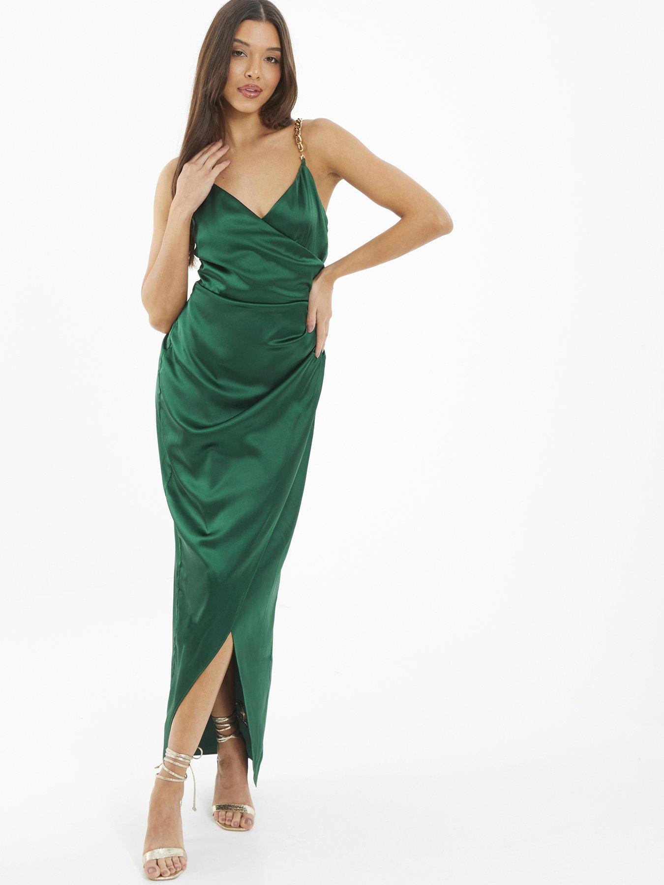 quiz green satin dress Cold Shoulder Quiz Dresses Midi Cold Shoulder Quiz Green Satin Dress Quiz Bottle Green Velvet