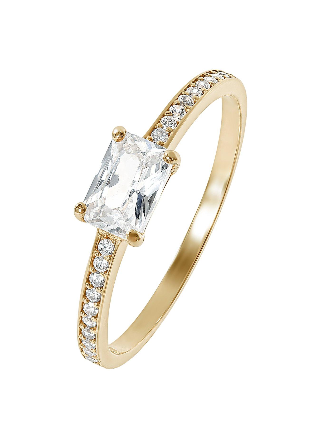 undefined 9ct Yellow Solid Gold 6x4 Emerald Cut Cubic Zirconia Solitaire Band Ring