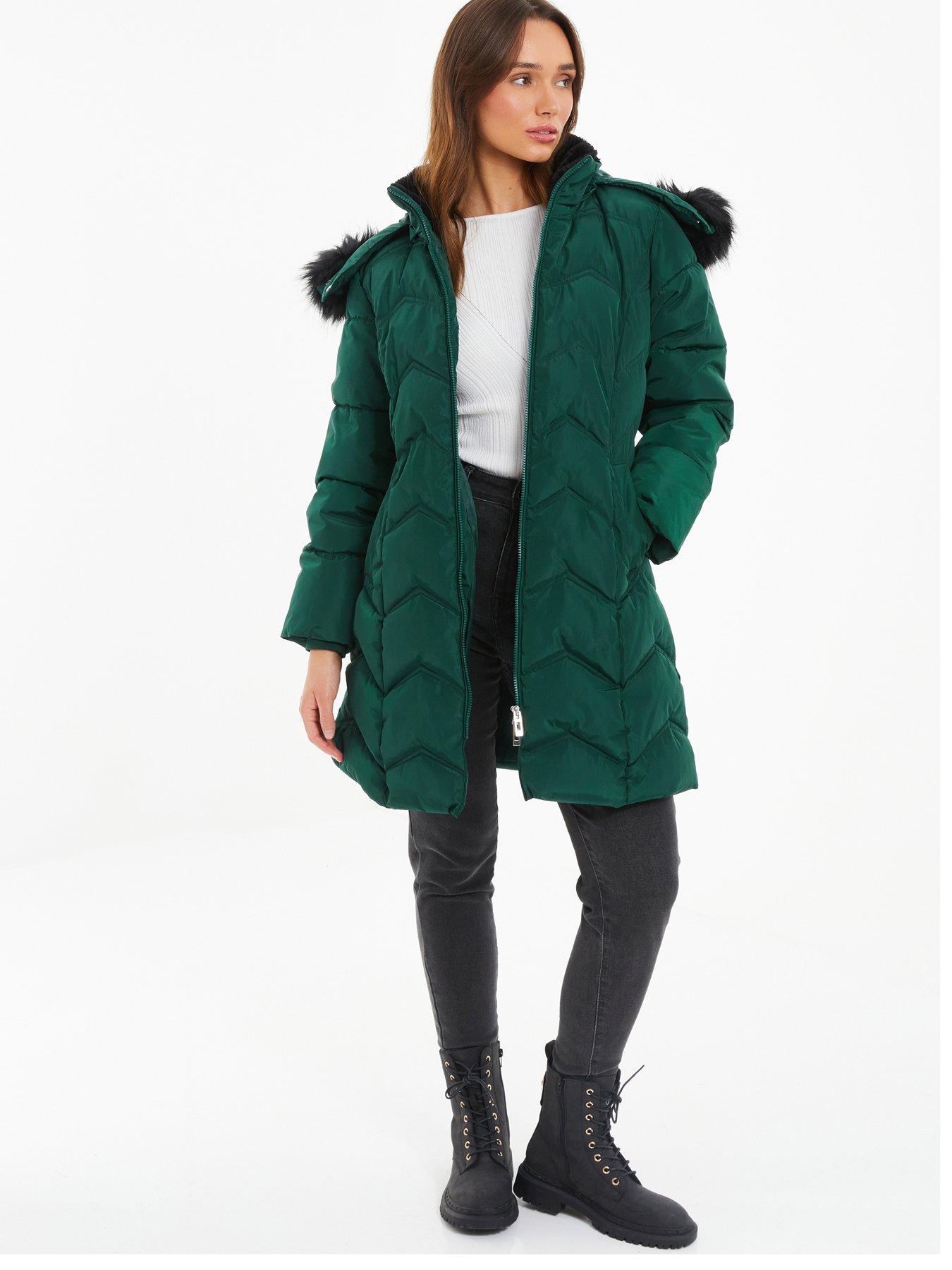 Image 1 of 6 of Quiz Bottle Green Padded Faux Fur Hood Parka